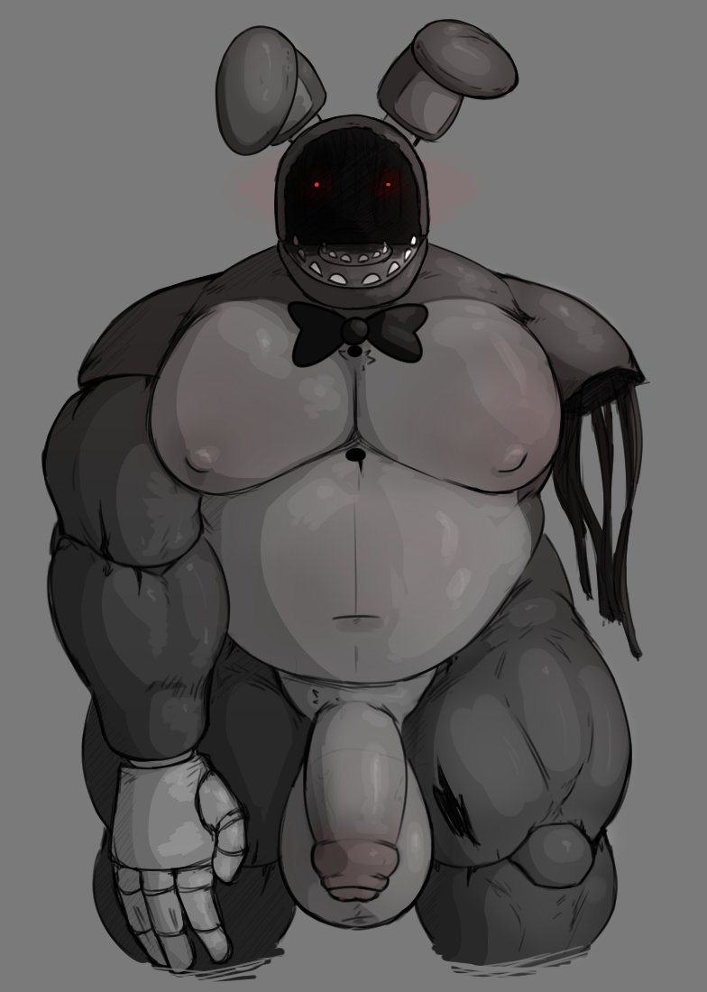 animatronic anthro balls belly bow_tie five_nights_at_freddy's five_nights_at_freddy's_2 genitals grey_background greyscale humanoid_genitalia humanoid_penis lagomorph leporid locitony looking_at_viewer machine male male_only mammal missing_arm monochrome moobs musclegut navel nipples nude penis rabbit red_eyes robot scottgames simple_background teeth withered_bonnie