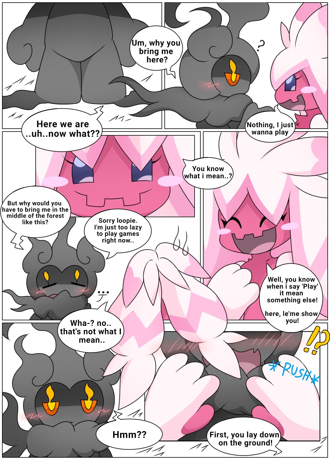 2023 black_fur blue_eyes blush comic dialogue game_freak generation_7_pokemon generation_9_pokemon marshadow nakachidragon nintendo page_1 pink_fur pink_hair pokémon_(species) pokemon pokemon_sv red_eyes suggestive text tinkaton