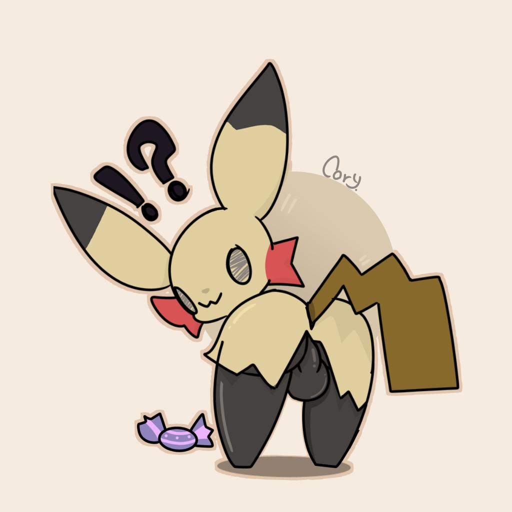 anthro ass balls big_ears black_body black_eyes candy clothing costume dessert drawcat13 fake_ears food generation_7_pokemon genitals male mimikyu nintendo owo pokemon pokemon_(species) simple_background smile solo surprise tail