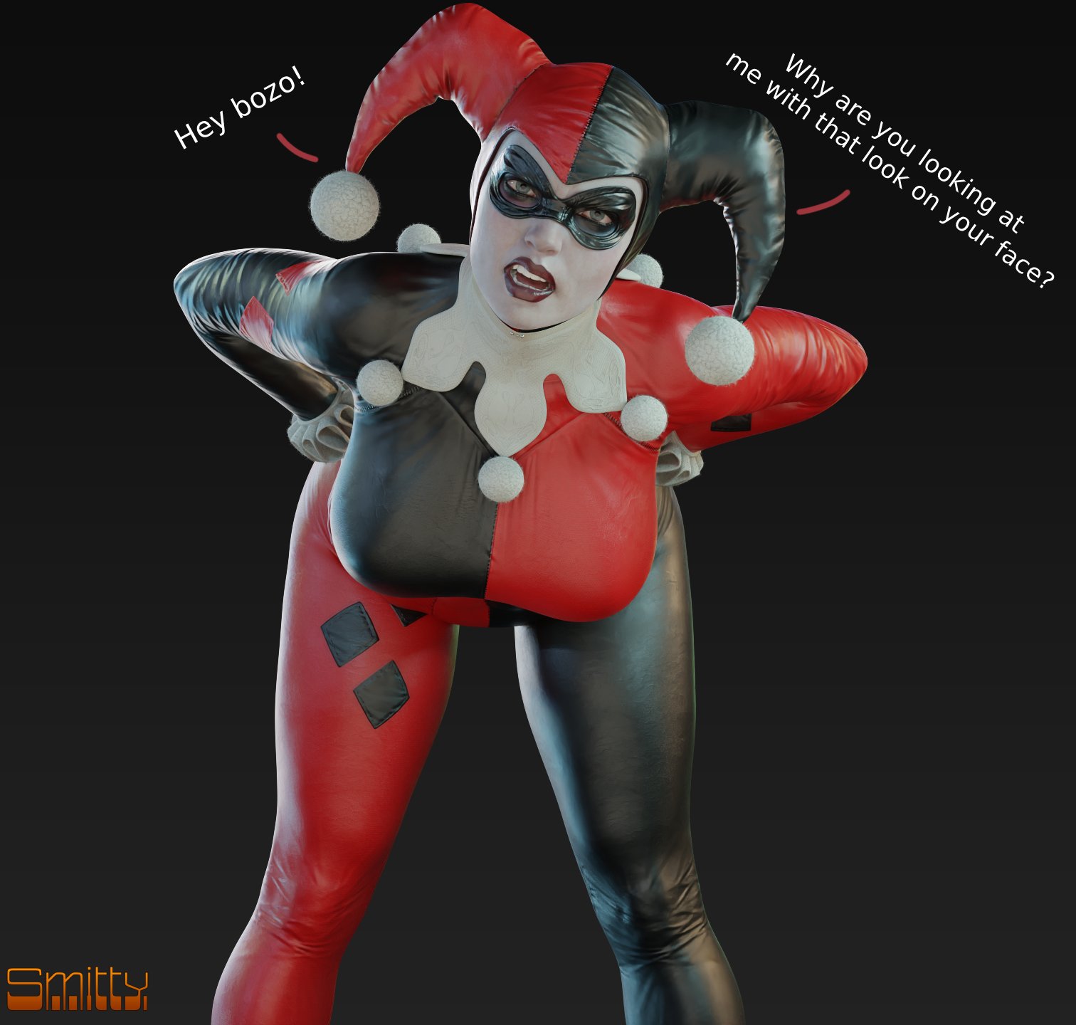 1girls, 3d, 3d (artwork), antiheroine, athletic, athletic female, batman (series), big breasts, black background, breasts, busty, dc, dc comics, eyes, female, female focus, fit, fit female, harley quinn, harley quinn (classic), harley quinn (injustice), hips, hourglass figure, injustice 2, legs, light skin, light-skinned female, light-skinned male, lips, simple background, smitty34, solo female, straight, thick, thighs, villain, villainess, voluptuous, watermark, wide hips