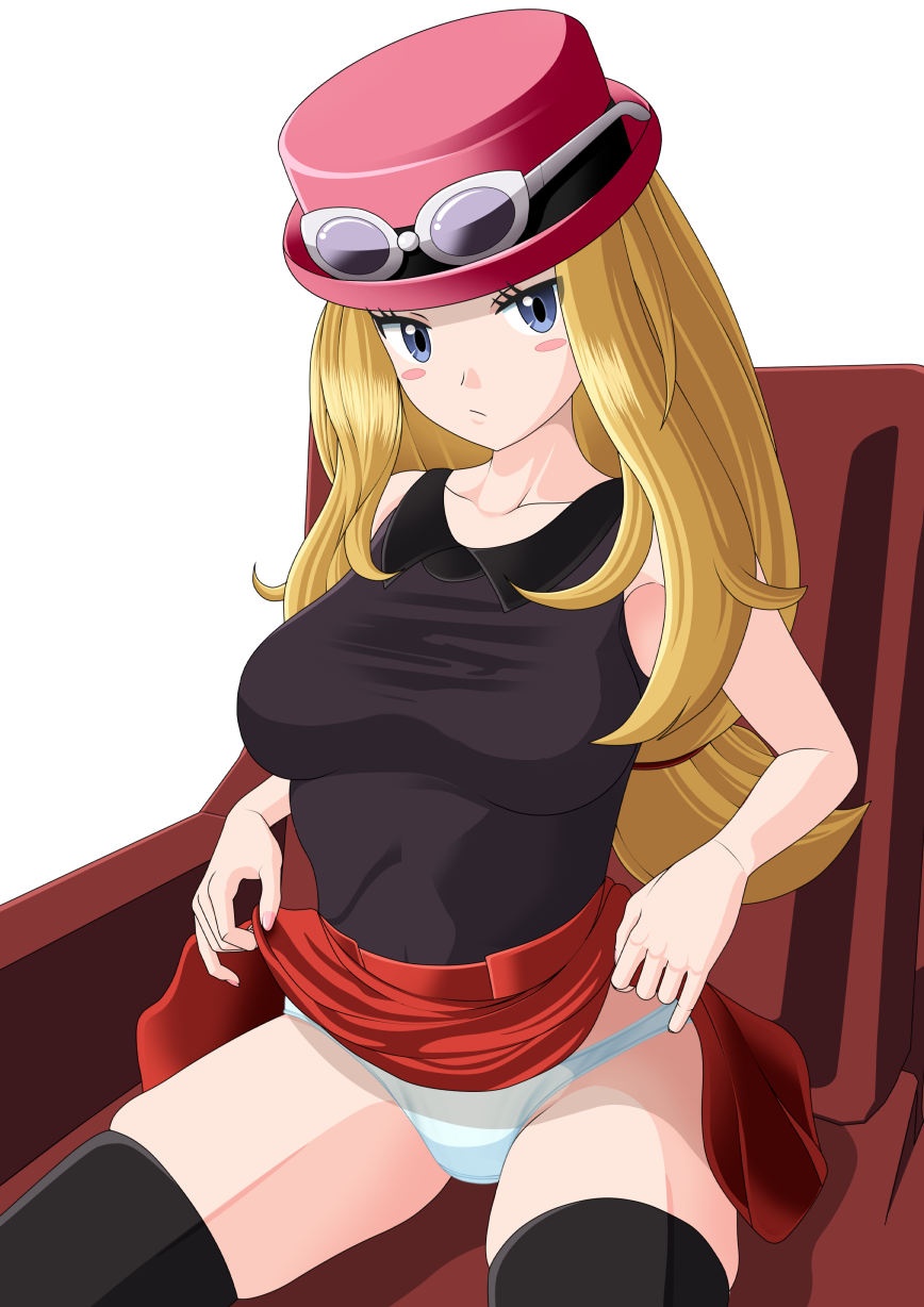 1girls big_breasts black_thighhighs blonde_hair blue_eyes blush bottomwear breasts chair female female_only game_freak hair hat headwear legwear long_hair panties pokemon pokemon_xy red_skirt s.forest serena_(pokemon) serena_(pokemon_games) skirt skirt_lift skirt_up solo solo_female sunglasses sunglasses_on_head thighs topwear white_panties