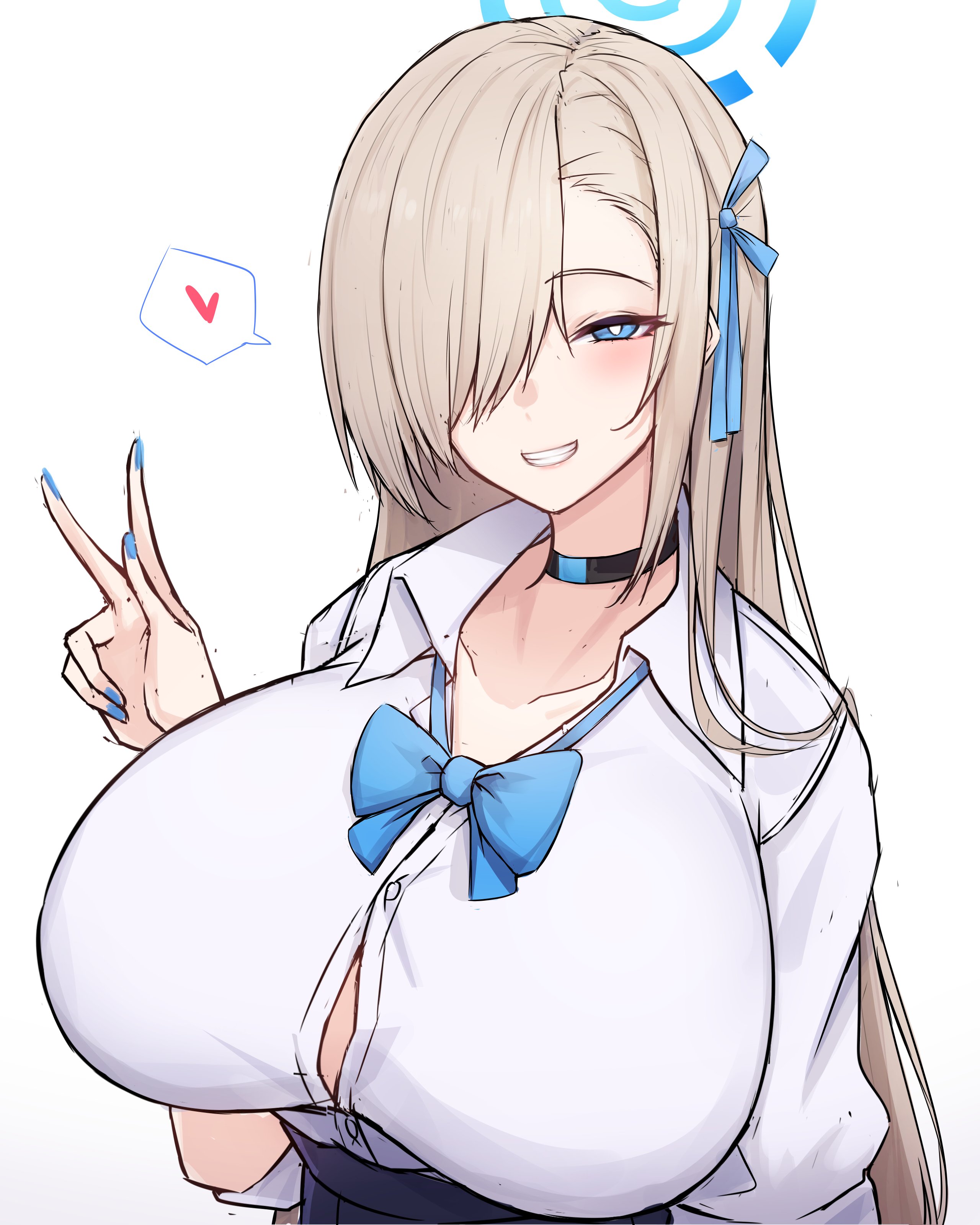 1girls, asuna (blue archive), blue archive, blue eyes, collar, female, hair over one eye, halo, heart, light skin, light-skinned female, long hair, looking at viewer, millennium science school student, one eye covered, peace sign, rikuguma, school uniform, smile, smiling at viewer, solo, uniform