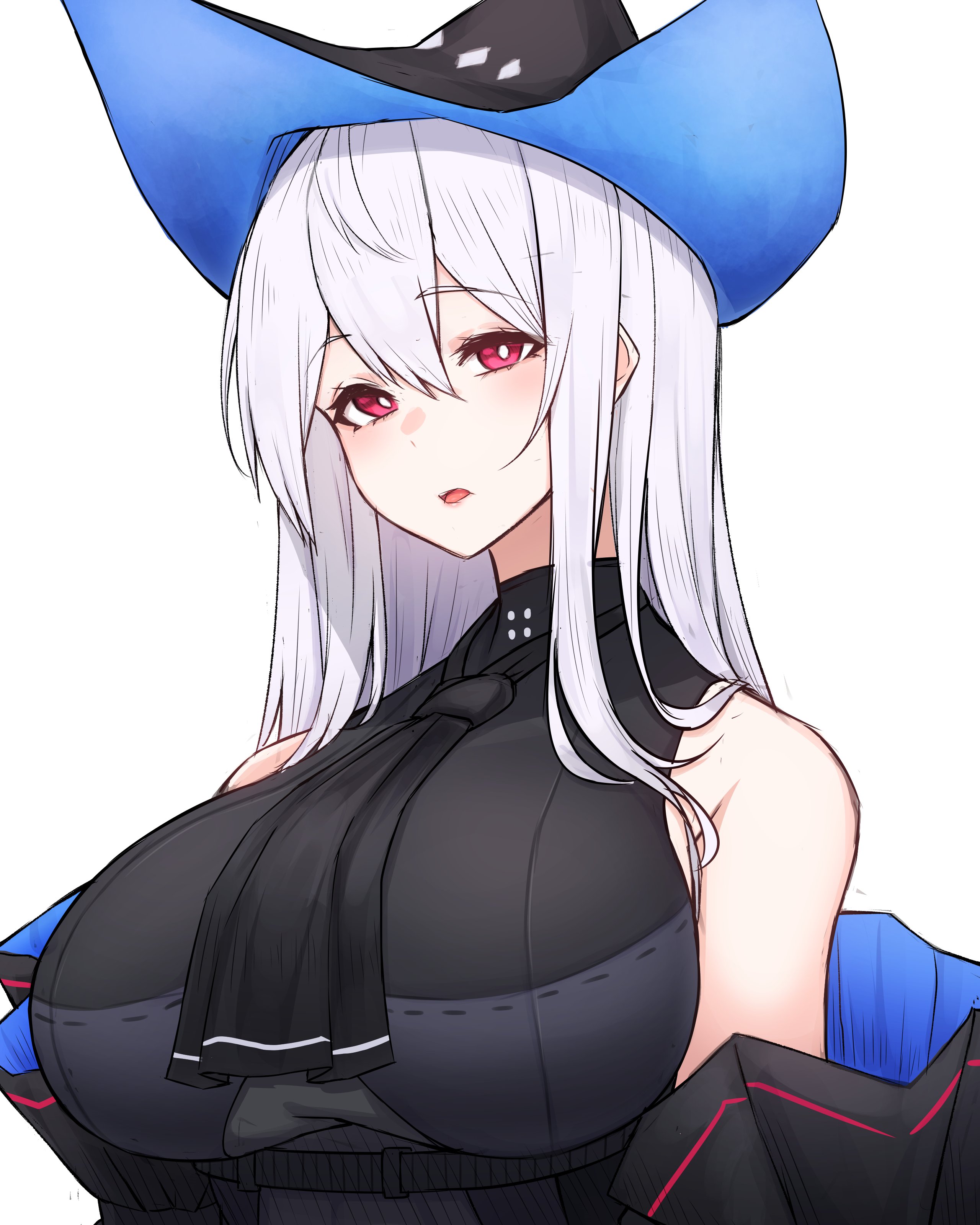 arknights, breasts, clothed, clothing, female, hat, long hair, looking at viewer, red eyes, rikuguma, skadi (arknights), tagme, white hair