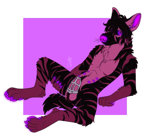 alpha_channel animal_genitalia anthro atrius_(atrius97) balls belly_nipples black_body black_fur cackling-beast chastity_cage chastity_device claws fur fur_tuft genitals glowing glowing_flesh hair hyena male male_only mammal navel neck_tuft pawpads pink_body pink_fur pubes purple_background purple_claws purple_nose purple_pawpads sheath simple_background solo striped_hyena stripes transparent_background tuft watermark