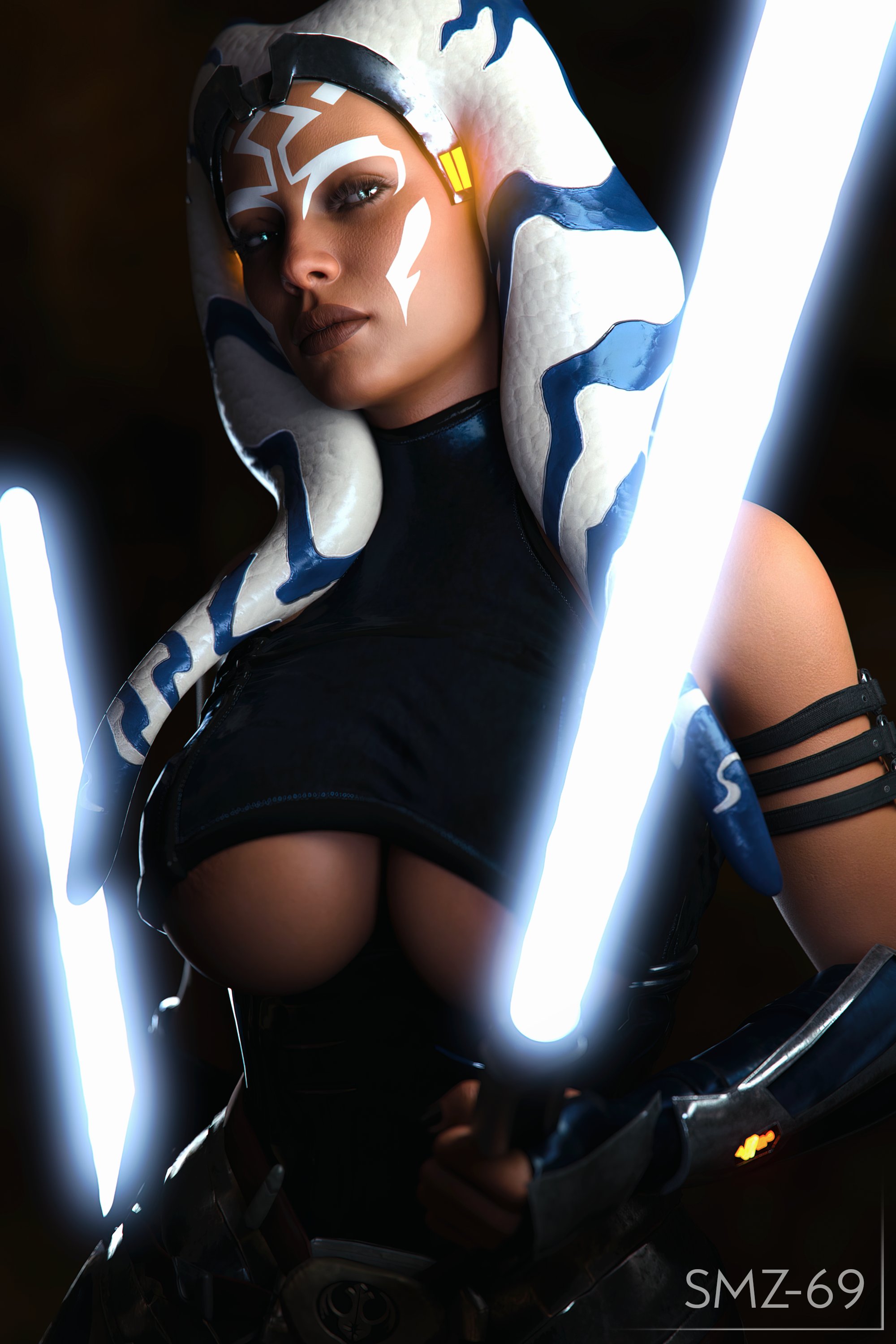 1girls, 3d, absurd res, ahsoka tano, alien, alien girl, big breasts, blue lightsaber, breasts, cleavage, clone wars, female, female only, hi res, large breasts, latex, lightsaber, orange skin, orange-skinned female, smz-69, solo, star wars, the clone wars: season seven, togruta, underboob, weapon