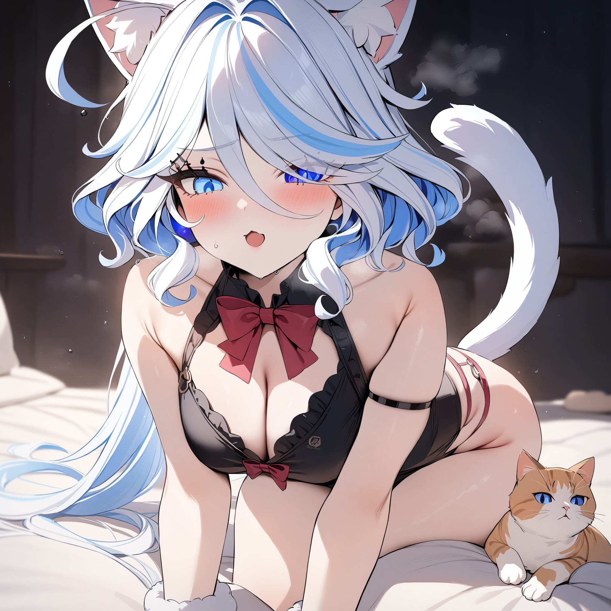 ai generated, blush, cat ears, cat tail, cute, feline, female, furina (genshin impact), genshin impact, ministro, paws