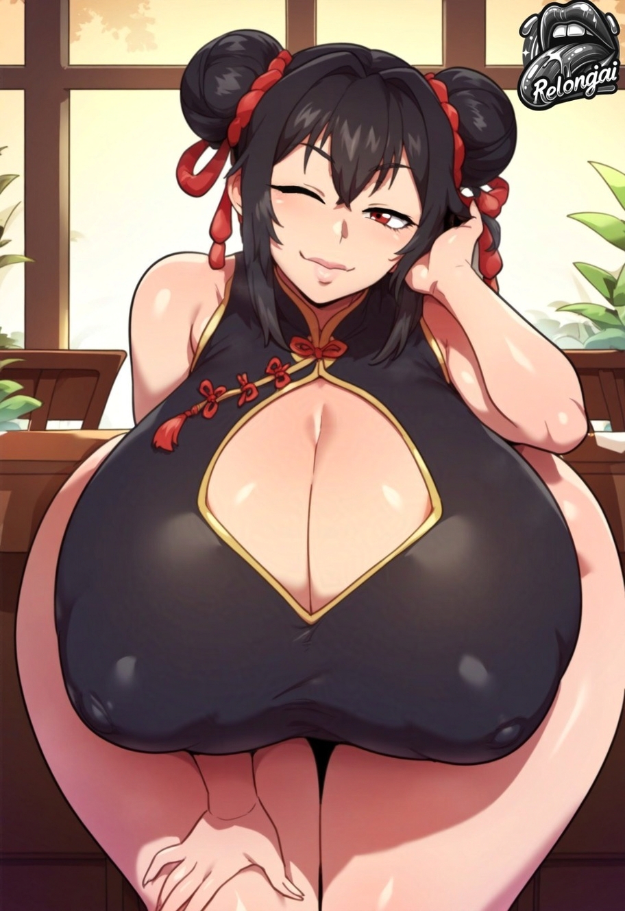 1girls, adjusting hair, ai generated, big breasts, breasts, chinese clothes, chinese dress, double bun, female, huge breasts, large breasts, leaning forward, looking at viewer, one eye closed, red eyes, relongiainsfw, restaurant, solo, thick thighs, wide hips