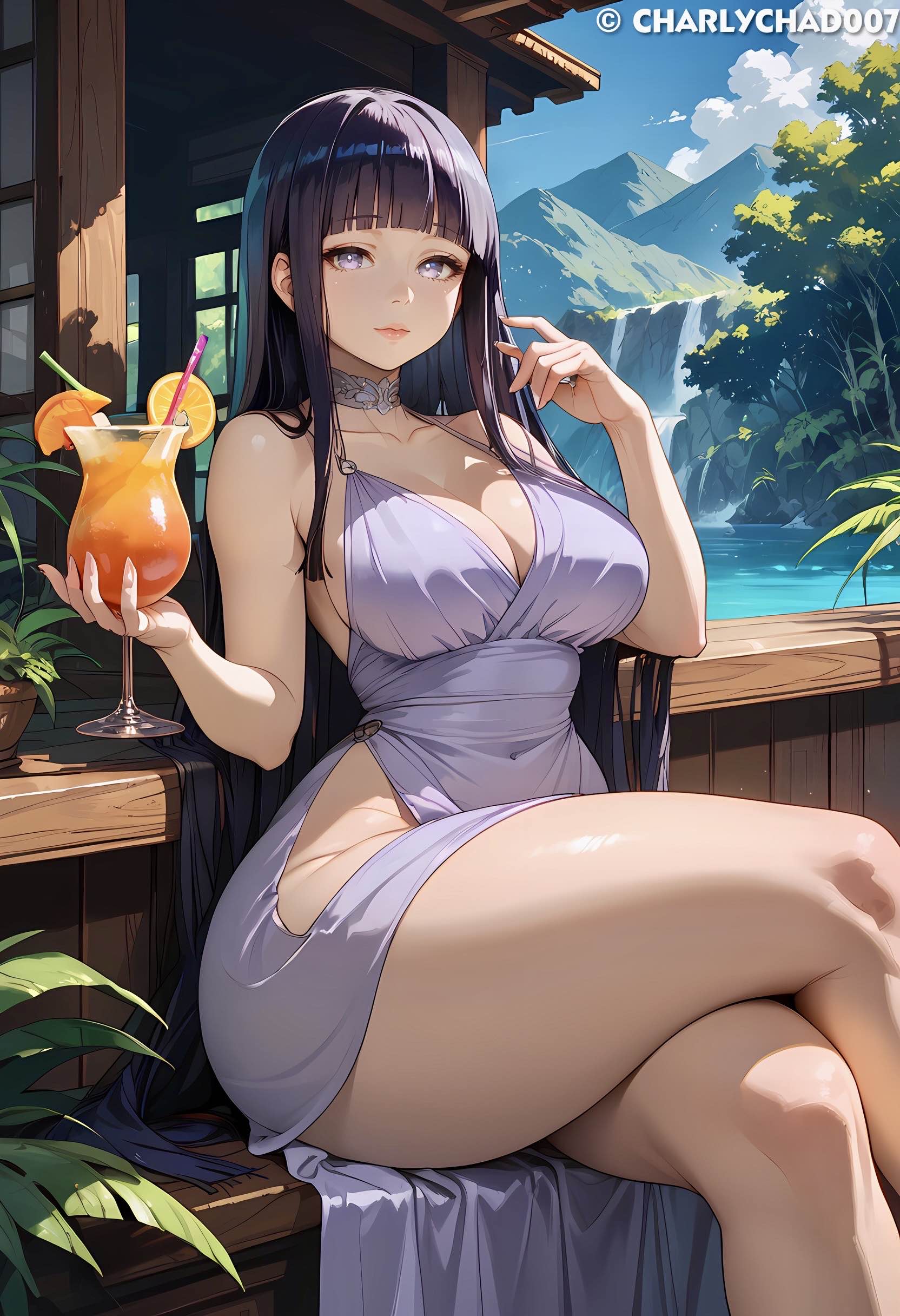 ai_generated big_ass charlychad007 cocktail_dress crossed_legs huge_breasts hyuuga_hinata naruto naruto_(series) naruto_shippuden thick_thighs wide_hips