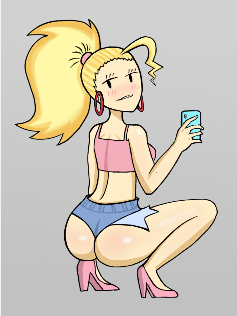 back_view blonde_hair butt_focus clowngrease heels hoop_earrings nerd_and_jock_(webcomic) ponytail queen_(nerd_and_jock) selfie short_jeans short_shorts squatting