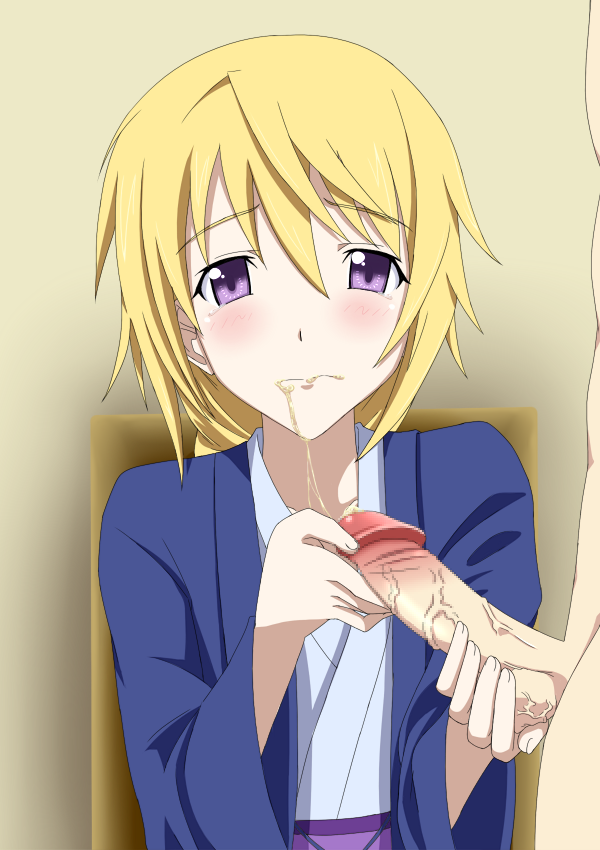 blush censored charlotte_dunois cum cum_in_mouth cum_string female human infinite_stratos japanese_clothes kimono male penis purple_eyes ribonzu straight tear testicles veins veiny_penis