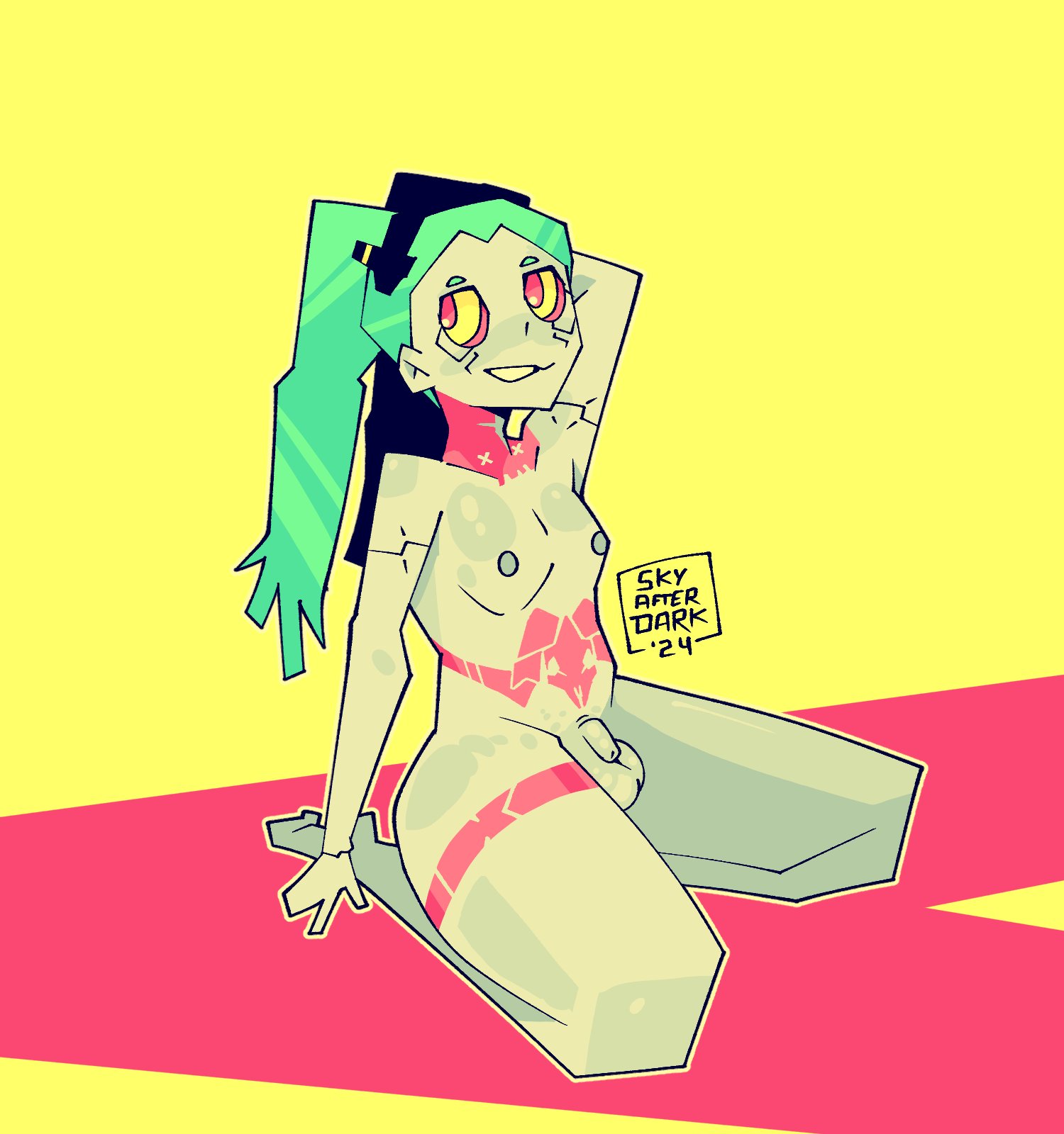 1dickgirl, areolae, balls, breasts, casual, cyberpunk 2077, cyberpunk: edgerunners, dickgirl, dickgirl only, flaccid, futa only, futanari, human, humanoid, humanoid penis, intersex, kneeling, nipples, nude, pale skin, penis, rebecca (edgerunners), skyafterdark, small breasts, small penis, solo, tagme, trans woman, transfem