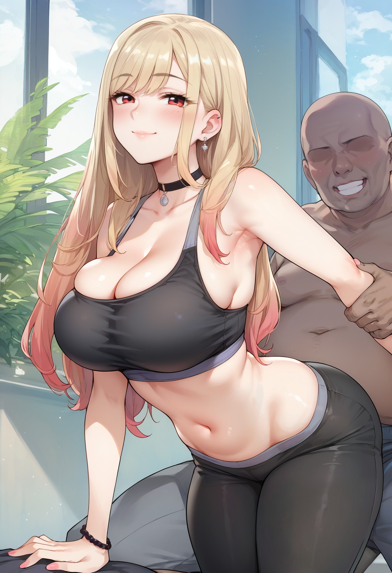 1boy, ai generated, blonde hair, breasts, choker, cleavage, earrings, female, gym uniform, jewelry, kitagawa marin, large breasts, long hair, male, navel, pants, red eyes, smile, sono bisque doll wa koi wo suru, sports bra