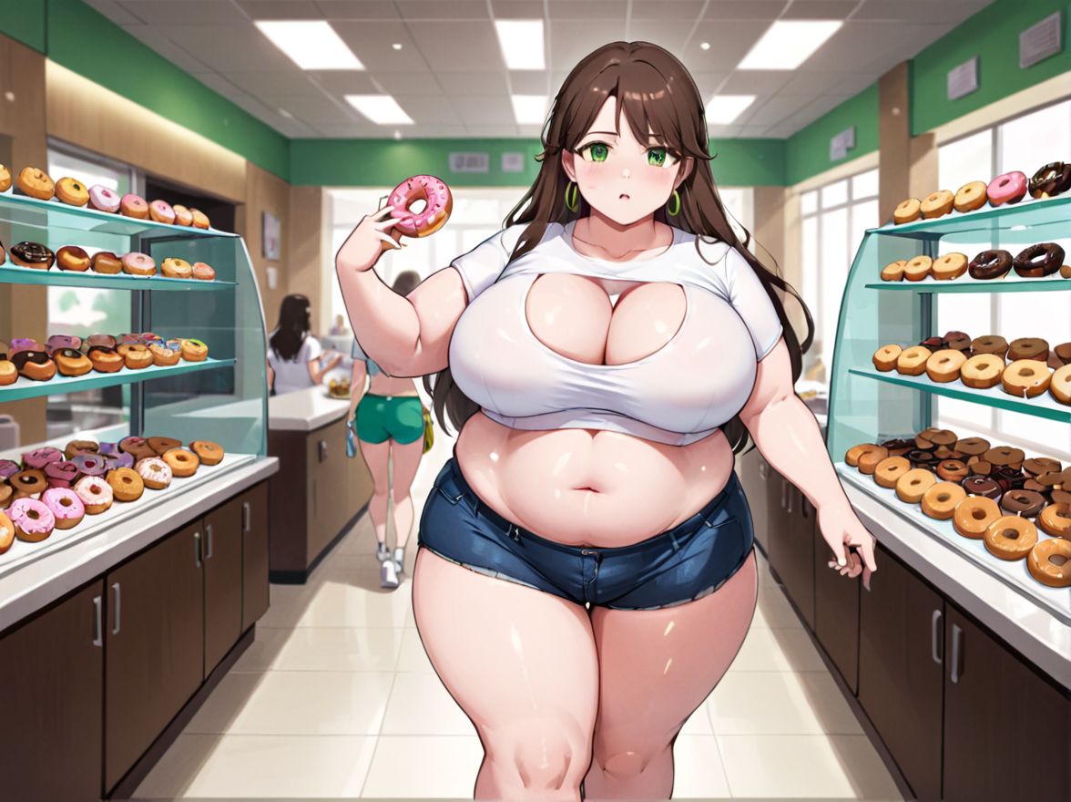 ai_generated brown_hair buffet doughnut fat food green_eyes keyhole_clothing large_breasts obese thick_thighs