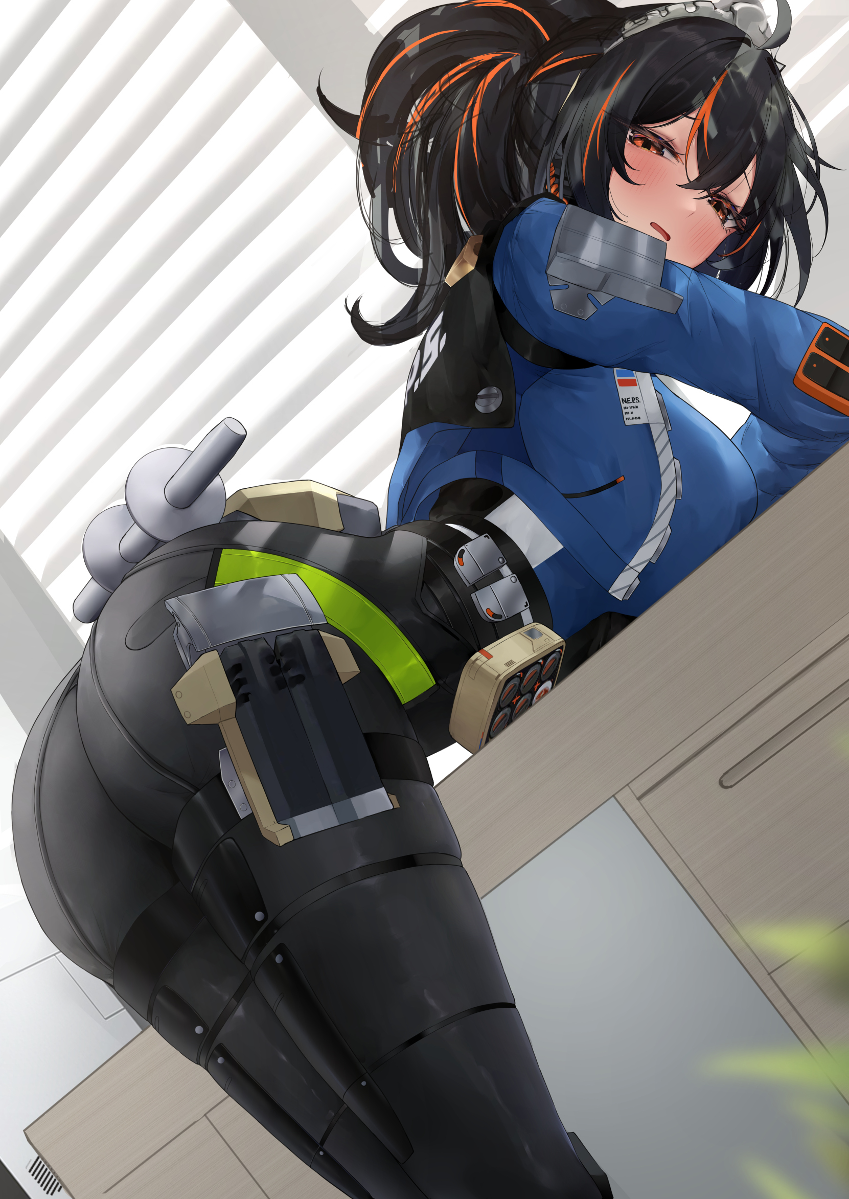 1girls, ass, ass focus, bent over, big ass, big butt, black hair, blush, clothed, female, handlebar, handles, leaning forward, looking at viewer, n9at, nervous, pants, ponytail, red eyes, red hair, shy, solo, table, thick ass, thick thighs, zenless zone zero, zhu yuan