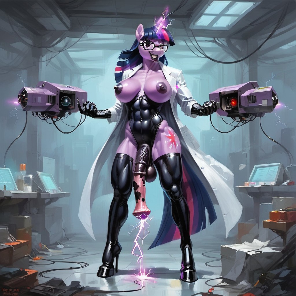 ai_generated anthro electricity futanari glasses high_heels horsecock labcoat laboratory latex muscular my_little_pony science_experiment thighhighs twilight_sparkle_(mlp)