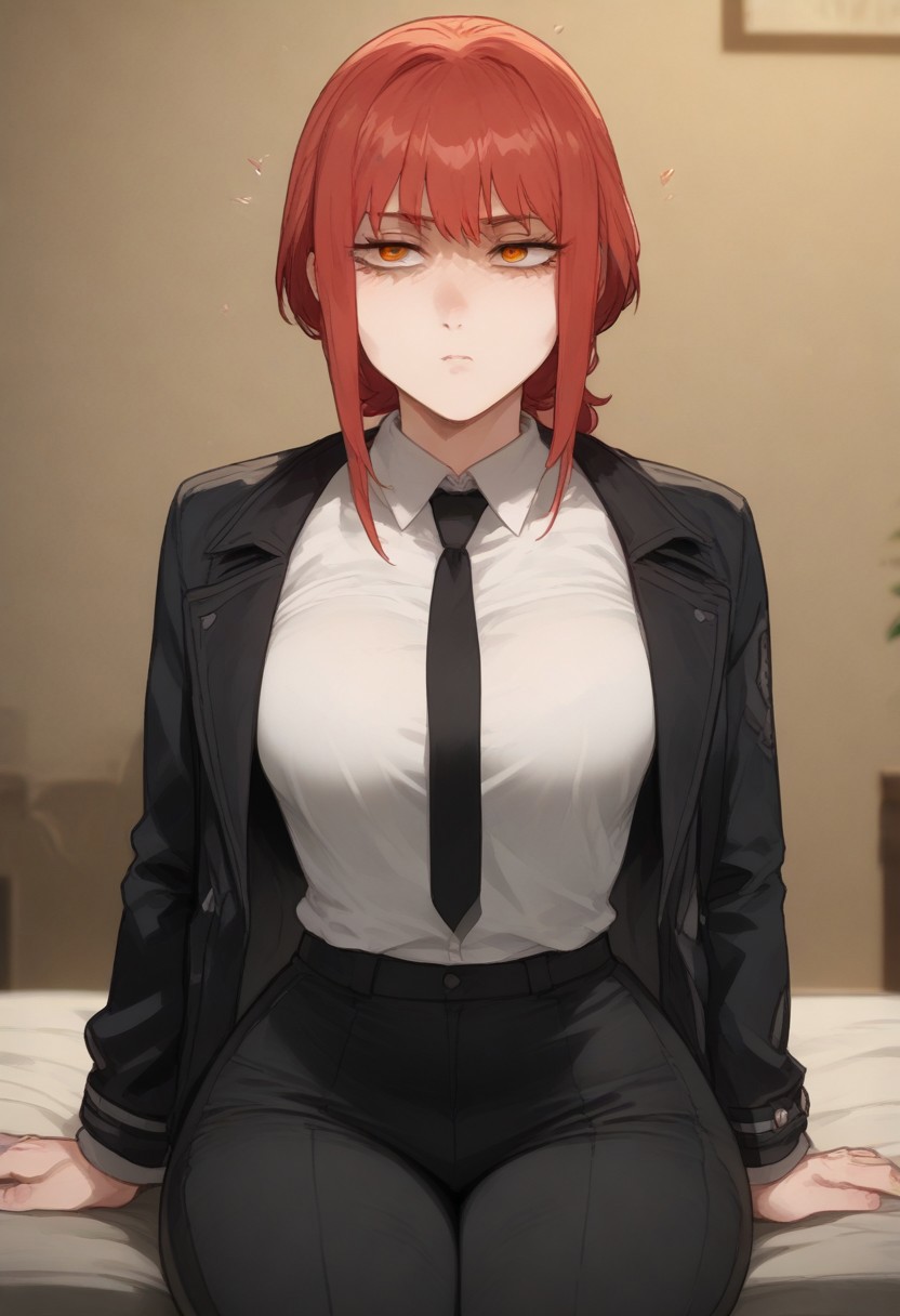 ai_generated black_coat black_pants chainsaw_man makima_(chainsaw_man) medium_breasts office_lady pale-skinned_female red_hair ringed_eyes thiccwithaq_(ai_style) tie white_shirt