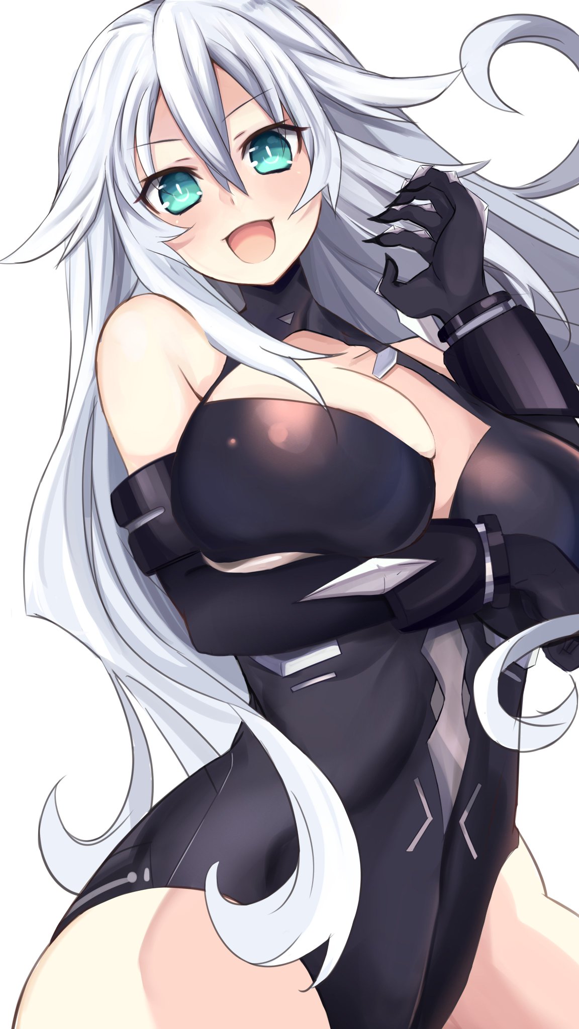 1girl arm_under_breasts bare_shoulders big_breasts black_clothing black_heart bodysuit boob_window breasts cleavage cyan_eyes detached_sleeves female female_only goddess large_breasts long_hair neptunia_(series) noire pale-skinned_female pale_skin power_symbol-shaped_pupils thick_thighs white_hair wide_hips