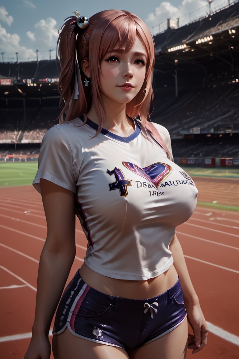 ai_generated day dead_or_alive honoka_(doa) huge_breasts looking_at_viewer rekcah_mhf standing sunshine t-shirt taut_shirt tiny_pants track