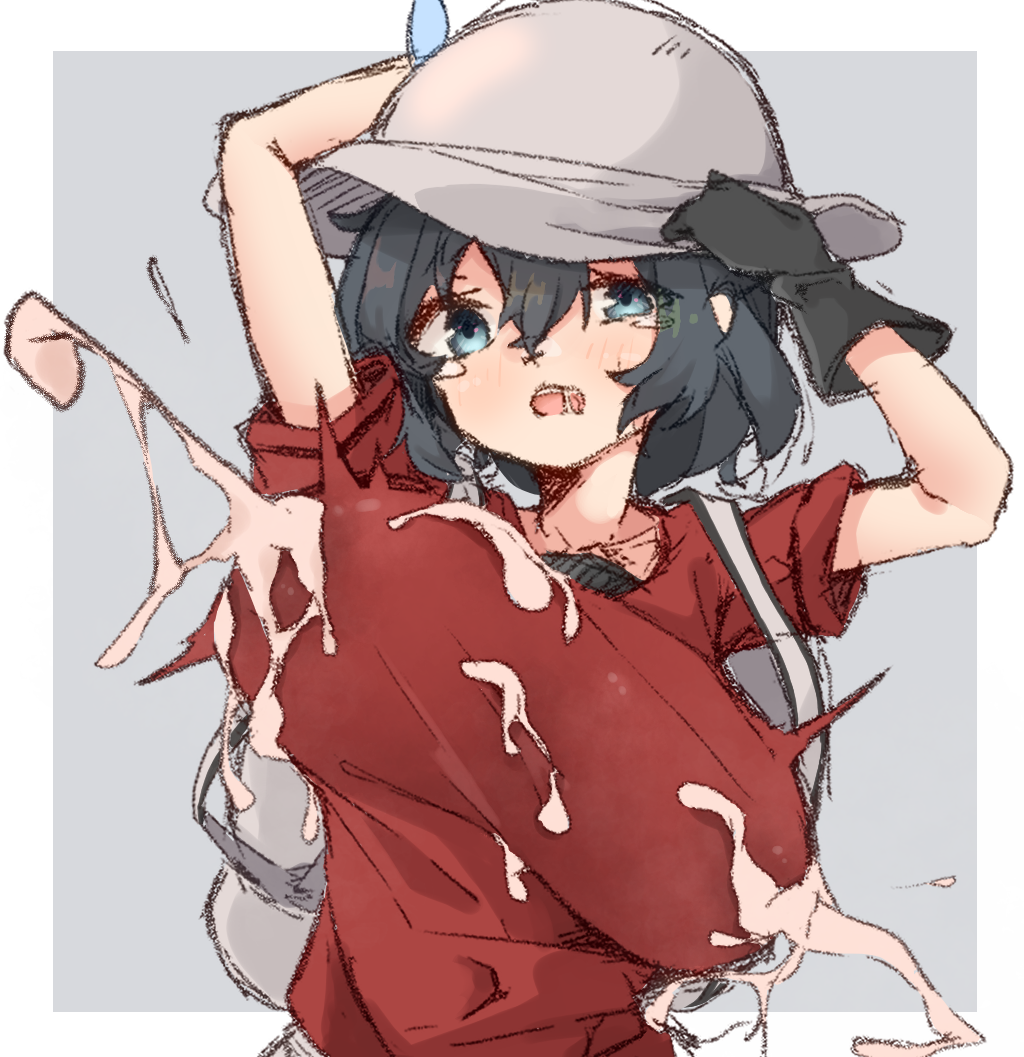 1girls big_breasts blue_eyes breasts clothes clothing dark_hair female_only gloves hat kaban_(kemono_friends) kemono_friends lactation lactation_through_clothes shirt simple_background solo spy_artservice tagme