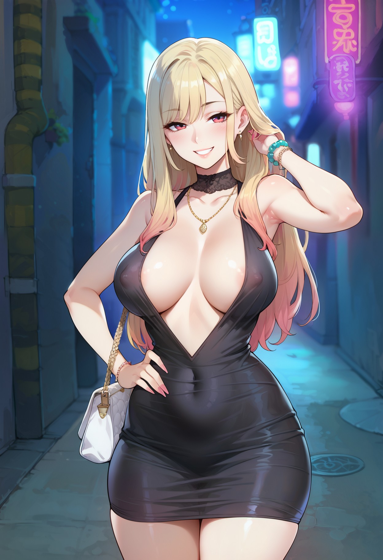 ai generated, bag, black dress, blonde hair, bracelet, breasts, covered navel, covered nipples, dress, earrings, female, grin, hand on hip, handbag, jewelry, kitagawa marin, large breasts, long hair, looking at viewer, mommy, necklace, smile, solo, sono bisque doll wa koi wo suru