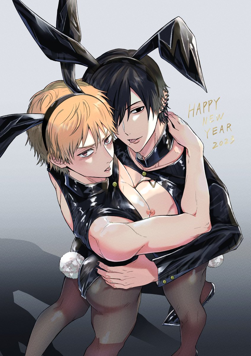 2boys arm_around_neck black_eyes black_hair blonde blonde_hair blonde_hair_male bunny_ears bunnysuit chainsaw_man chest denji_(chainsaw_man) ear_piercing ear_ring earring earrings gay hand_on_hip hand_on_neck hand_on_waist heels high_heels hirofumi_yoshida male male/male male_focus male_only yaoi