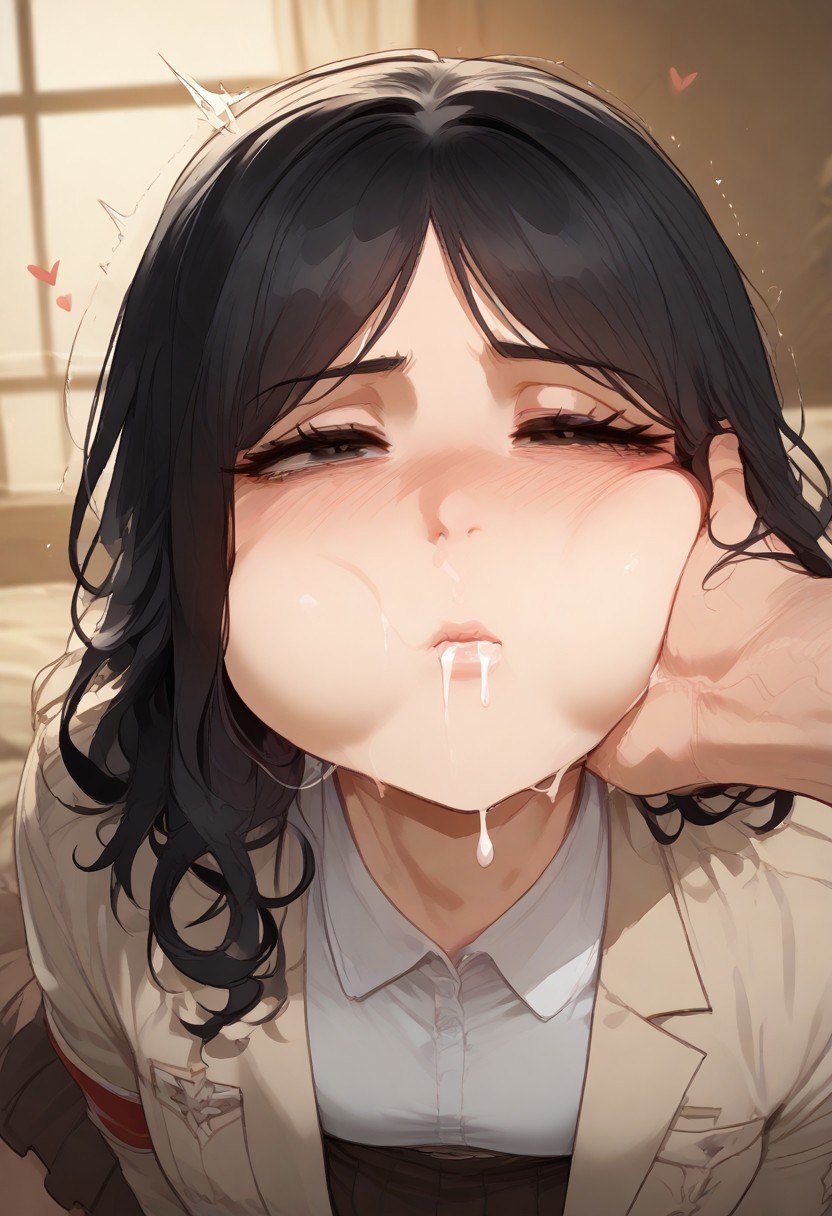 1boy 1girls ai_generated attack_on_titan black_hair brown_skirt cheek_bulge cum cum_in_mouth grey_eyes jacket light-skinned_male long_hair mouthful musashimango pale-skinned_female pieck_finger red_armband shingeki_no_kyojin white_shirt