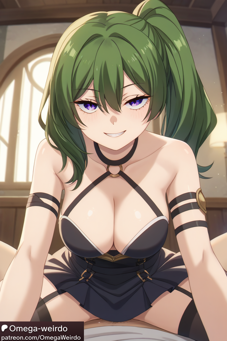 ai_generated arm_strap big_breasts cleavage dress evil_smile green_hair implied_sex omega-weirdo patreon purple_eyes side_ponytail sousou_no_frieren straddling thighhighs ubel_(sousou_no_frieren)