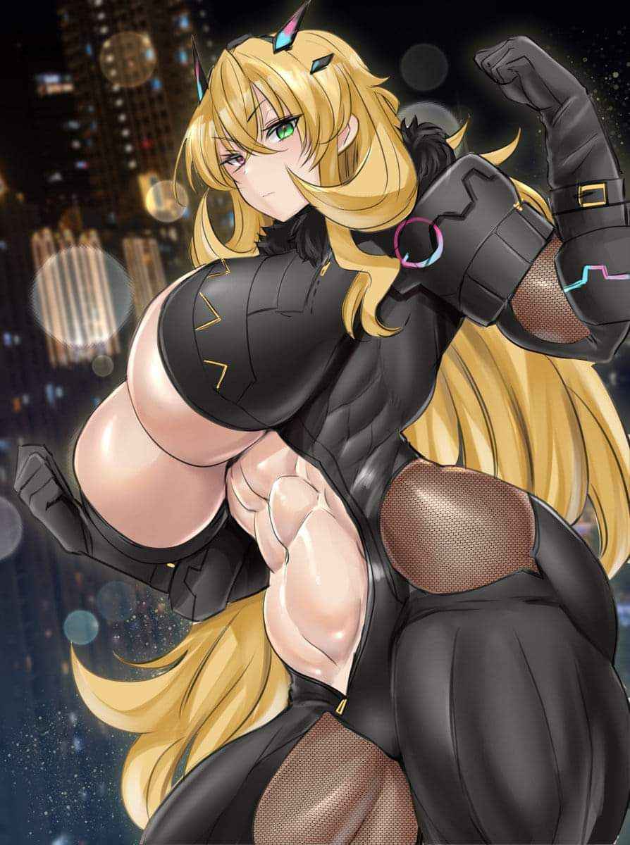 1girls, artist request, barghest (gawain) (fate), barghest (udk) (exhibition attire) (fate), blonde hair, breasts, fate (series), fate/grand order, female, heterochromia, horns, huge breasts, inner sideboob, looking at viewer, muscular, muscular female