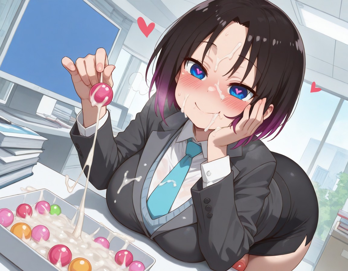 ai generated, black hair, blue eyes, cum, cum on face, cum on food, cumshot, dragon maid, eating, eating candy, eating cum, elma (dragon maid), formal, futanari, gradient hair, heart-shaped pupils, intersex, kobayashi-san chi no maidragon, lollipop, multicolored hair, necktie, office, office clothing, office lady, penis, purple hair, skirt, suit, suit and tie