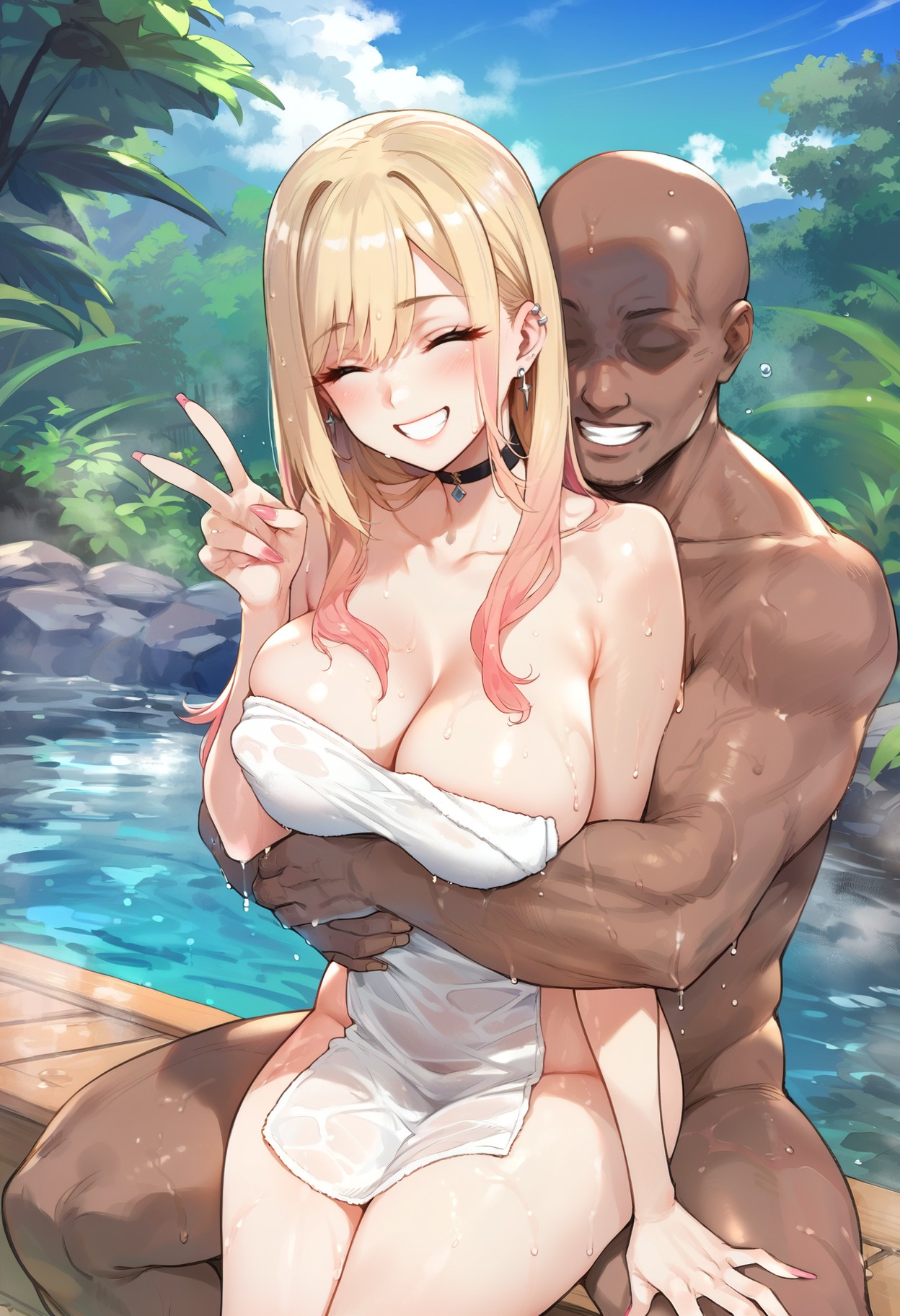 1boy, 1girls, ai generated, ai hands, blonde hair, breasts, cheating, cheating girlfriend, choker, cleavage, closed eyes, dark skin, dark-skinned male, female, grin, kitagawa marin, large breasts, long hair, male, outdoors, piercing, sitting, smile, sono bisque doll wa koi wo suru, straight, towel, v, wet