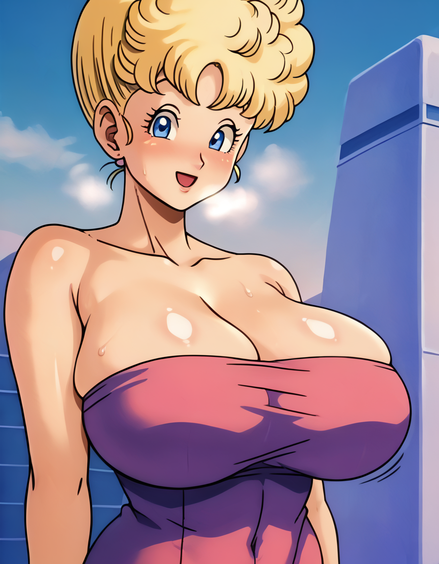 ai_generated big_breasts blonde_hair blue_eyes breasts bursting_breasts cleavage collarbone dragon_ball female large_breasts mature mature_female mature_woman milf pai-roid panchy panchy_(dragon_ball) panchy_briefs solo