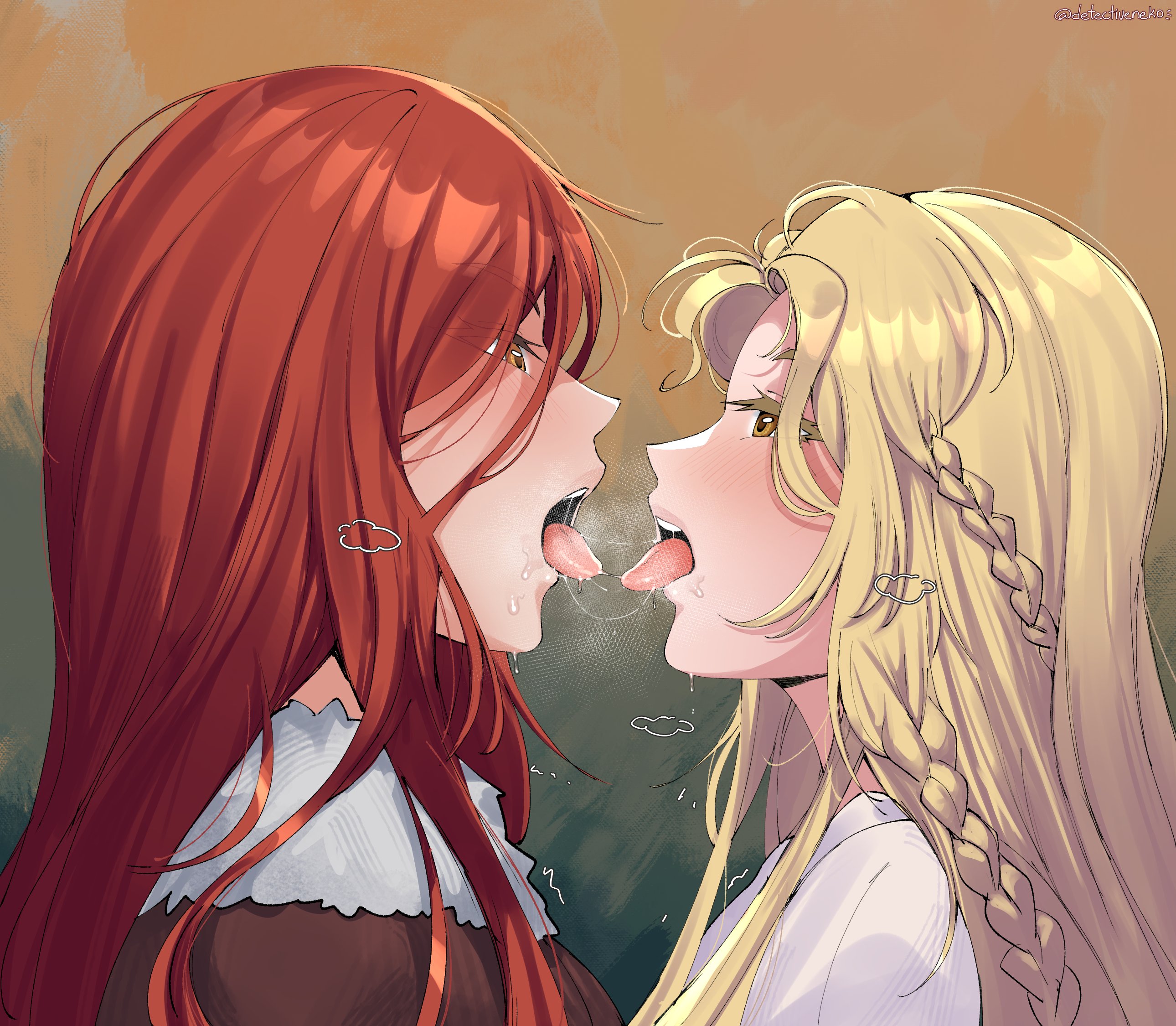 1boy, 1boy1girl, 1girls, after kiss, blonde hair, brother and sister, detectiveneko, elden ring, female, femboy, femboy on female, french kiss, fromsoftware, gold eyes, incest, incest (lore), kissing, light skin, light-skinned female, light-skinned male, male, male/female, malenia blade of miquella, miquella, red hair, saliva, saliva trail, shadow of the erdtree, tongue, tongue out, twins
