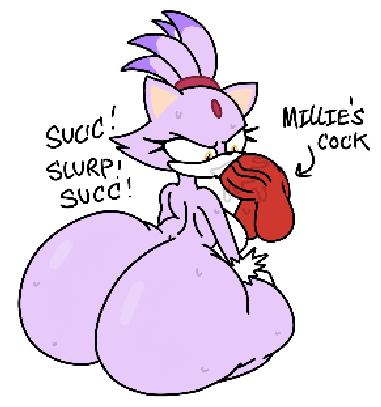 1futa, 1girls, anthro, ass, back, back view, balls, big ass, big balls, big breasts, big butt, big penis, blaze the cat, blowjob, blowjob face, breasts, dickgirl, female, female focus, futa on female, futanari, helluva boss, huge ass, huge butt, intersex, millie (helluva boss), penis, purple fur, solo focus, sonic (series), sonic rush, sonic rush adventure, sonic the hedgehog (series), theslashfive