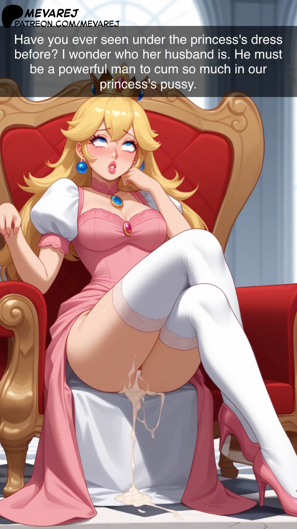 1girls ai_generated ass blonde_hair blue_eyes breasts caught crossed_legs crown cum cum_dripping_on_floor cum_dripping_out_of_pussy cum_in_pussy dress earrings english_text high_heels jewelry lips long_hair mario_(series) medium_breasts mevarej nintendo patreon patreon_exclusive patreon_username pink_dress pleasure pleasure_face princess princess_peach puffy_sleeves rolling_eyes shoes short_sleeves sitting snapchat solo thick_thighs thighhighs thighs throne under_dress white_thighhighs