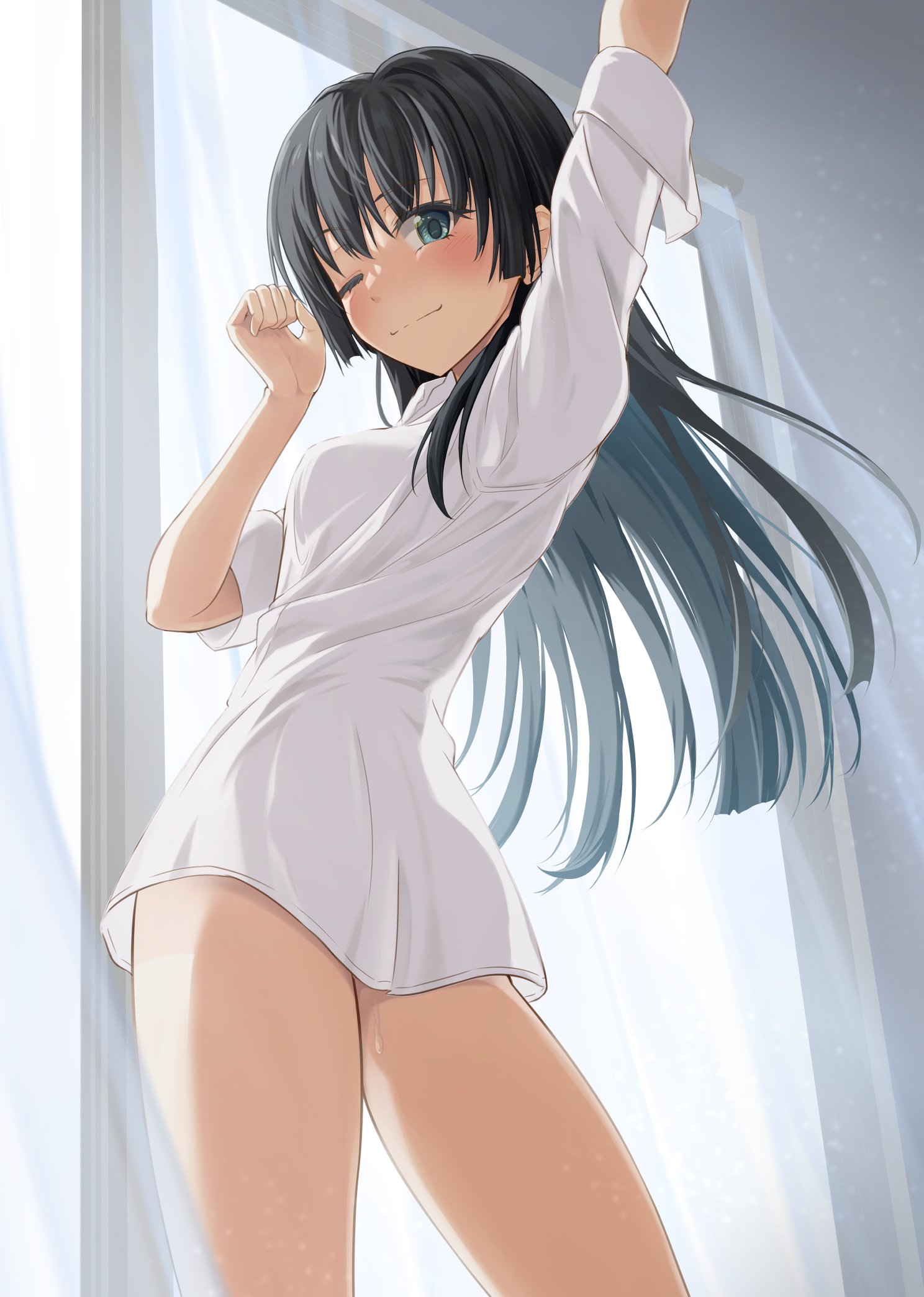 1girls, 2020s, 2022, arm up, ass, bare legs, black hair, blush, breasts, closed mouth, female, flower, hair flower, hair ornament, indoors, k3rd, legs, light skin, light-skinned female, long hair, looking at viewer, medium breasts, morning, morning after, one eye closed, saten ruiko, shirt, smile, solo, standing, teenage female, teenager, thighs, to aru kagaku no railgun, to aru majutsu no index, white shirt, window, young, young female