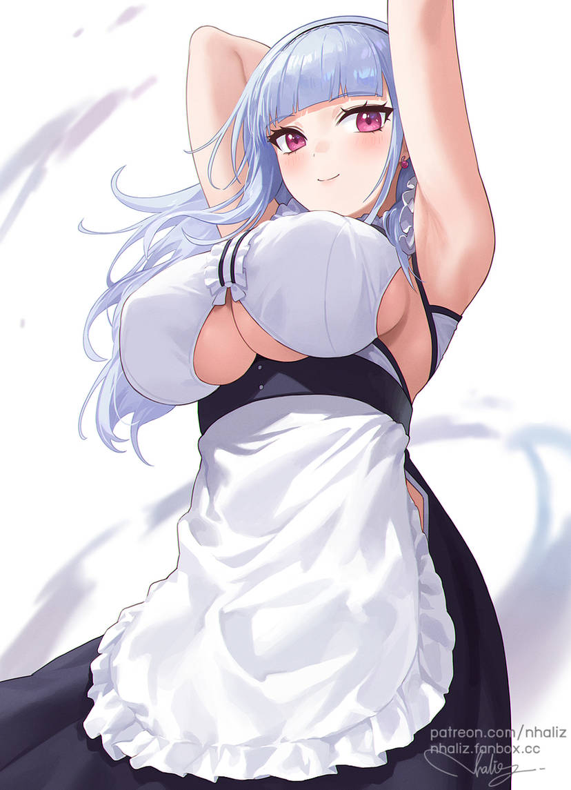 1girls apron azur_lane black_dress blunt_bangs breasts clothing_cutout dido_(azur_lane) dress earrings female grey_hair large_breasts light-skinned_female light_skin long_hair looking_at_viewer maid maid_apron maid_headdress maid_uniform nhaliz pink_eyes royal_navy_(azur_lane) underboob underboob_cutout