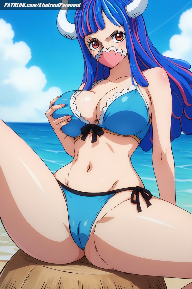 1girls, ai generated, aindroidparanoid, beach, big breasts, bikini, blue hair, blue-haired female, breasts, cameltoe, cleavage, covering mouth, curvy, curvy figure, female, female only, grabbing own breast, horns, huge breasts, large breasts, long hair, ocean, one piece, orange eyes, outdoors, pussy, sand, sitting, spread legs, stable diffusion, taller female, tight clothing, ulti (one piece), voluptuous