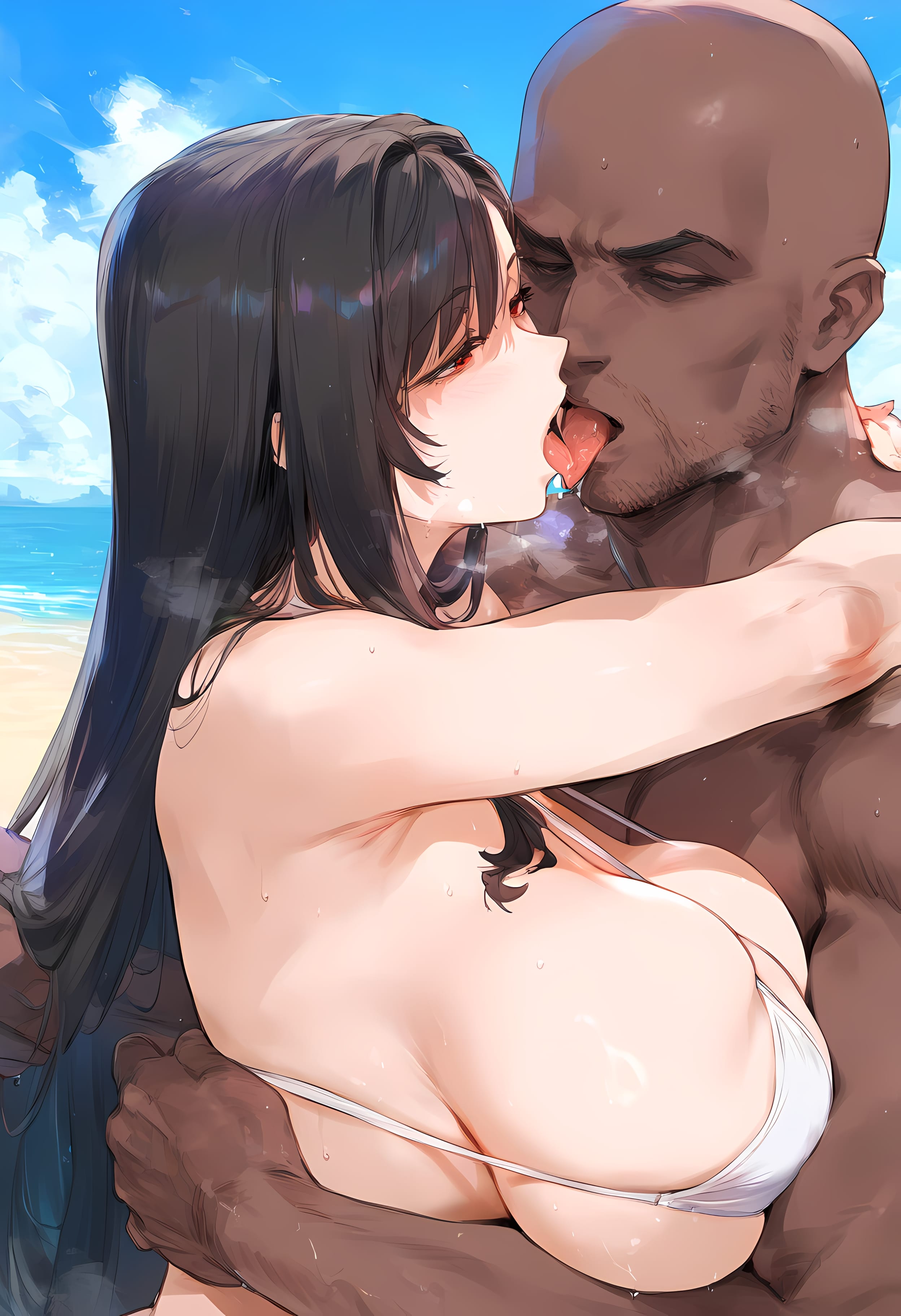 1boy, 1girls, ai generated, arms around neck, bald, bangs, bare shoulders, beach, bikini, black hair, blue sky, blush, breast press, breasts, cleavage, clothing, cloud, curvaceous, curvaceous female, curvaceous figure, curvy, curvy figure, dark skin, dark-skinned male, day, faceless, facial hair, female, female focus, final fantasy, final fantasy vii, french kiss, groping, half-closed eyes, heavy breathing, hug, huge breasts, interracial, kissing, large breasts, long hair, looking at another, male, micro bikini, multiple boys, multiple males, nakatori, nipples, ocean, open mouth, outdoors, penis, red eyes, rude (ff7), saliva, saliva trail, sand, sex, sideboob, sky, straight, sweat, swimsuit, tifa lockhart, tongue, tongue out, upper body, video game, voluptuous, voluptuous female, water, wet, white bikini, white swimsuit