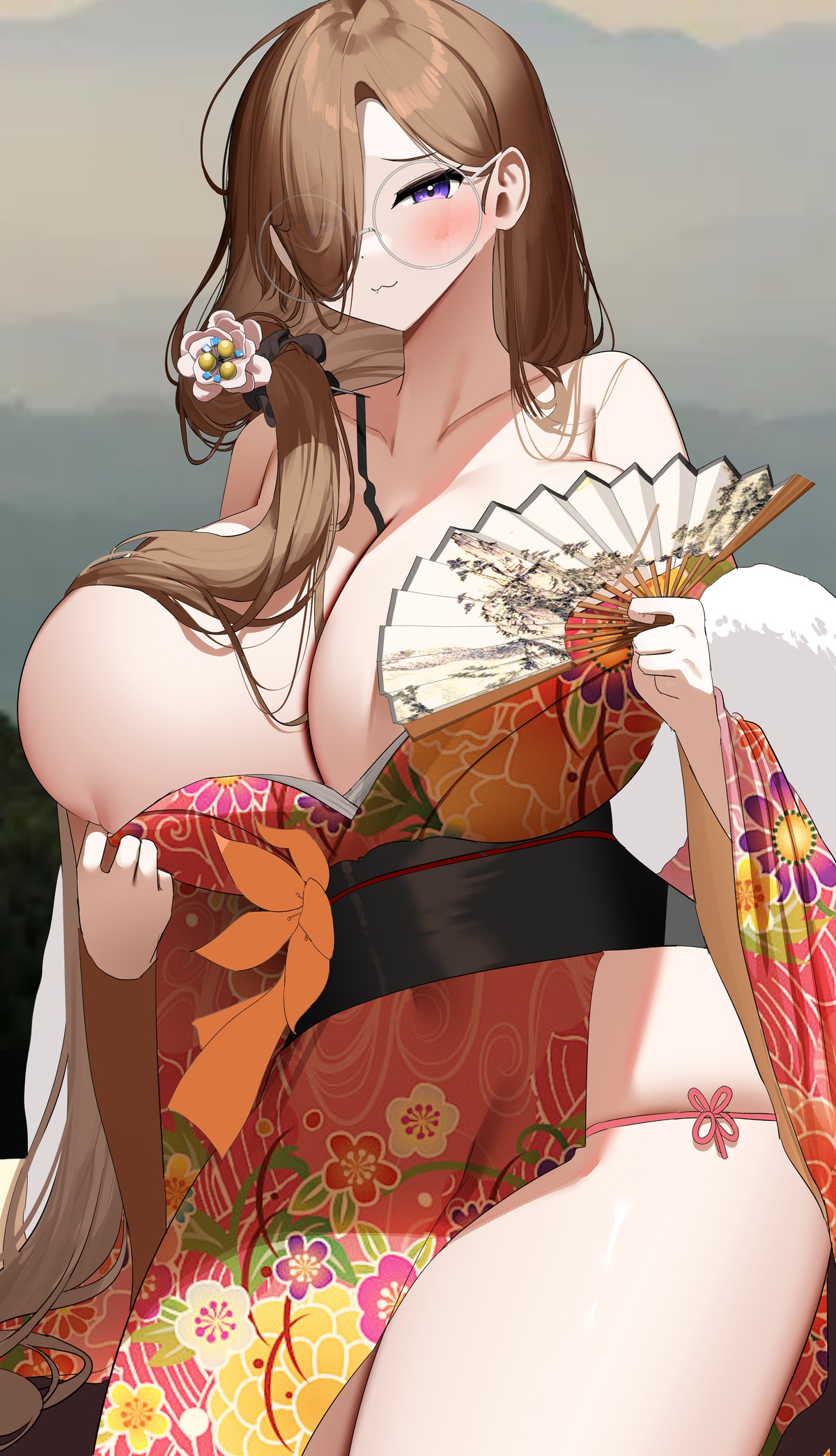 1girls, blush, breasts, breasts bigger than head, brown hair, cleavage, collarbone, eye visible through hair, fan, female, floral print, flower hair ornament, glasses, hair ornament, huge breasts, kimono, long hair, mama (nicorima), milf, nicorima, oc, purple eyes, simple background, skindentation, thighs