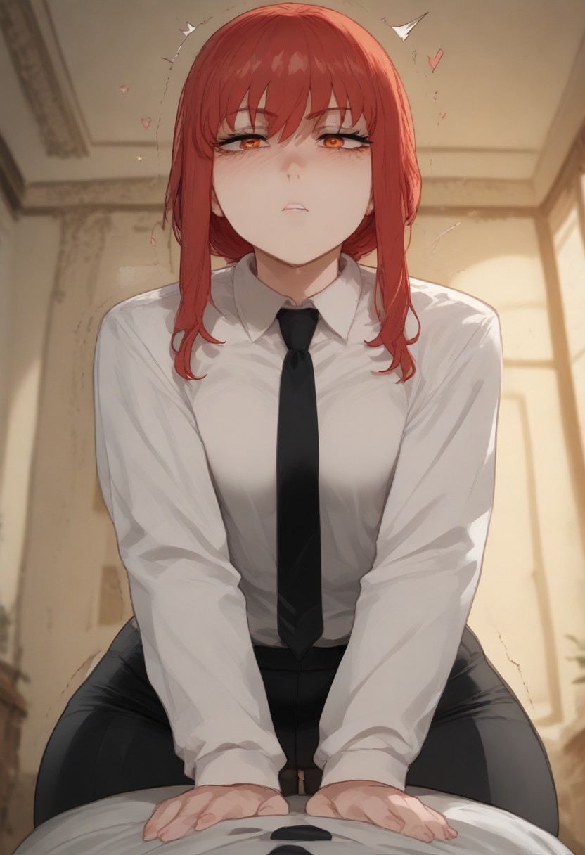 1boy, ai generated, black pants, breasts, chainsaw man, female, light skin, light-skinned female, low-angle view, makima (chainsaw man), male, medium breasts, office lady, pale skin, pale-skinned female, red hair, ringed eyes, sitting on person, thiccwithaq (ai style), tie, white shirt