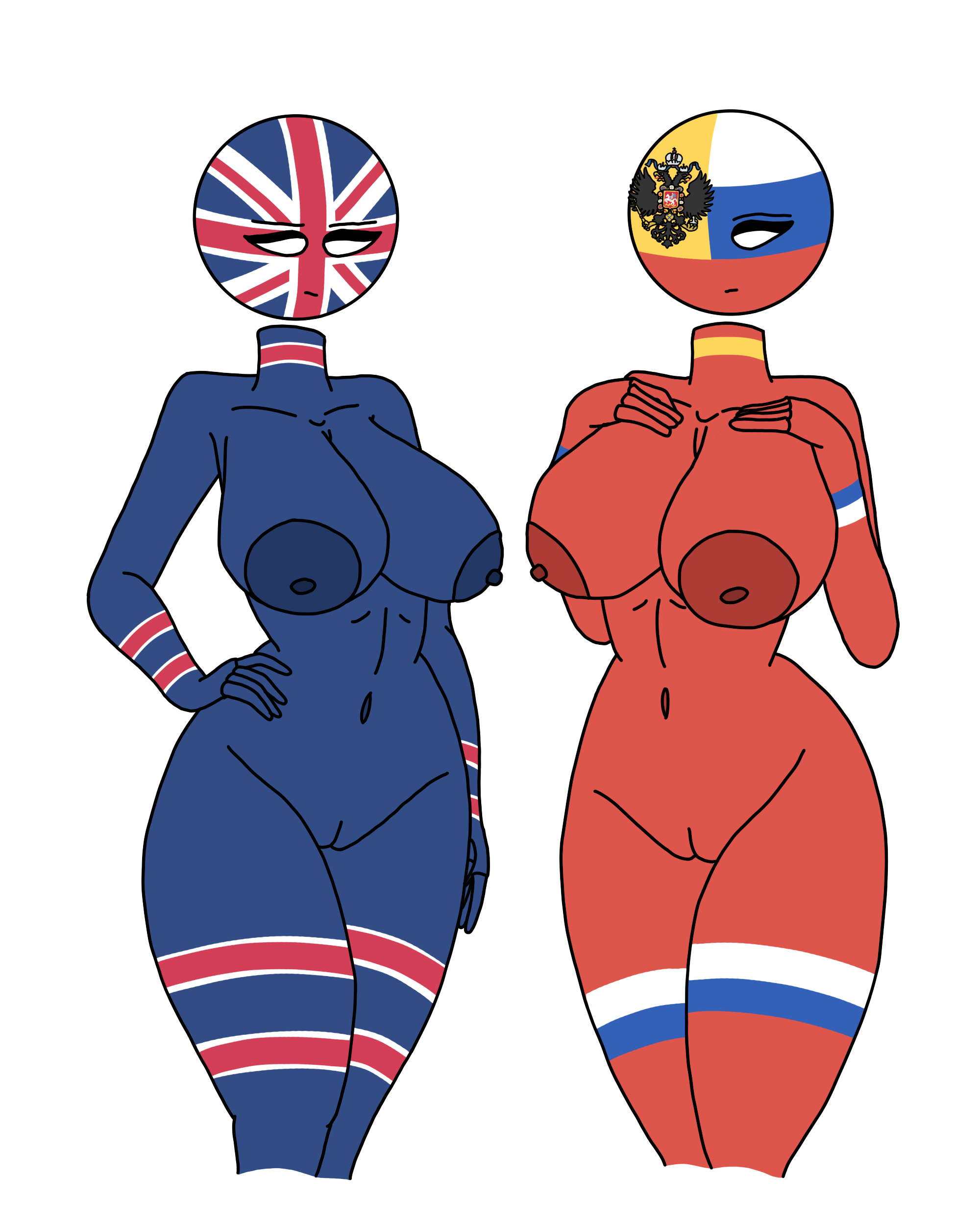 big breasts, breasts, countryhumans, countryhumans girl, duo, erect nipples, eyebrows, eyelashes, female, female only, huge breasts, human, large breasts, looking at viewer, naval artist (artist), nipples, pussy, russian empire (countryhumans), smile, united kingdom (countryhumans), wide hips