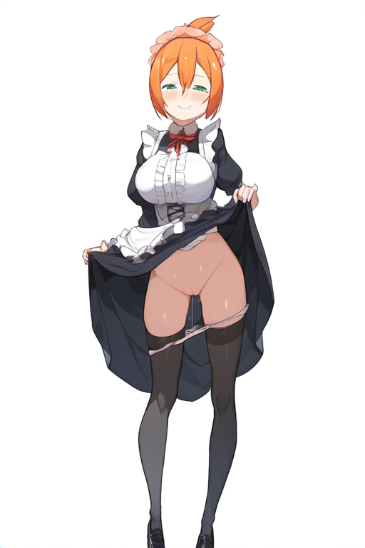 ai_generated black_stocking blush bottomless female female_only green_eyes hair_between_eyes large_breasts maid_dress novelai orange_hair panties panties_around_leg panties_around_legs petra_leyte presenting presenting_pussy pussy pussy_juice re:zero_kara_hajimeru_isekai_seikatsu skirt_lift skirt_up smile solo solof_female stockings