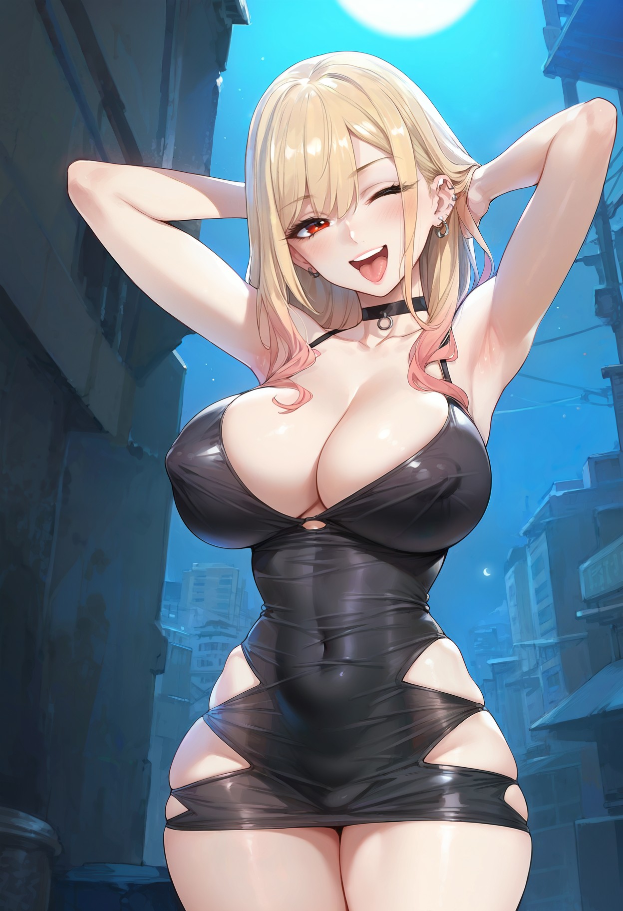 ai generated, armpits, blonde hair, breasts, cleavage, dress, ear piercing, female, kitagawa marin, large breasts, looking at viewer, mommy, one eye closed, piercing, red eyes, solo, sono bisque doll wa koi wo suru, tongue, tongue out