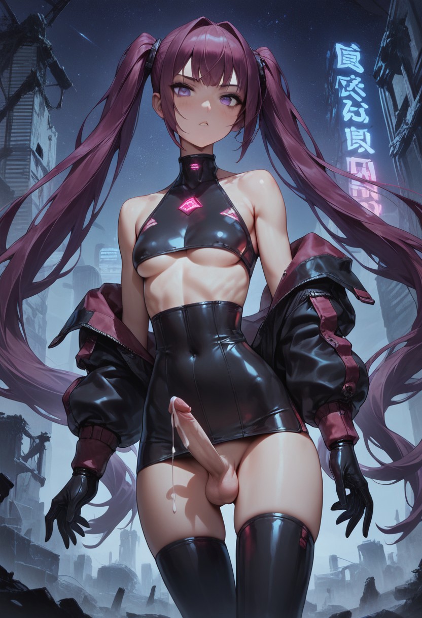 1futa, ai generated, balls, black thighhighs, bottomless, bottomless futa, breasts, cowboy shot, cum, cum dripping from penis, cum on penis, dark cultist, dickgirl, erect penis, erection, futa only, futa sans pussy, futanari, gloves, hard cock, intersex, jacket, jacket open, latex, long hair, long sleeves, looking at viewer, navel, night, open jacket, outdoors, outside, partially clothed, penis, self upload, serious, serious look, skindentation, slender body, slim, small breasts, solo, solo futa, standing, thighhighs, twintails, underboob, very long hair
