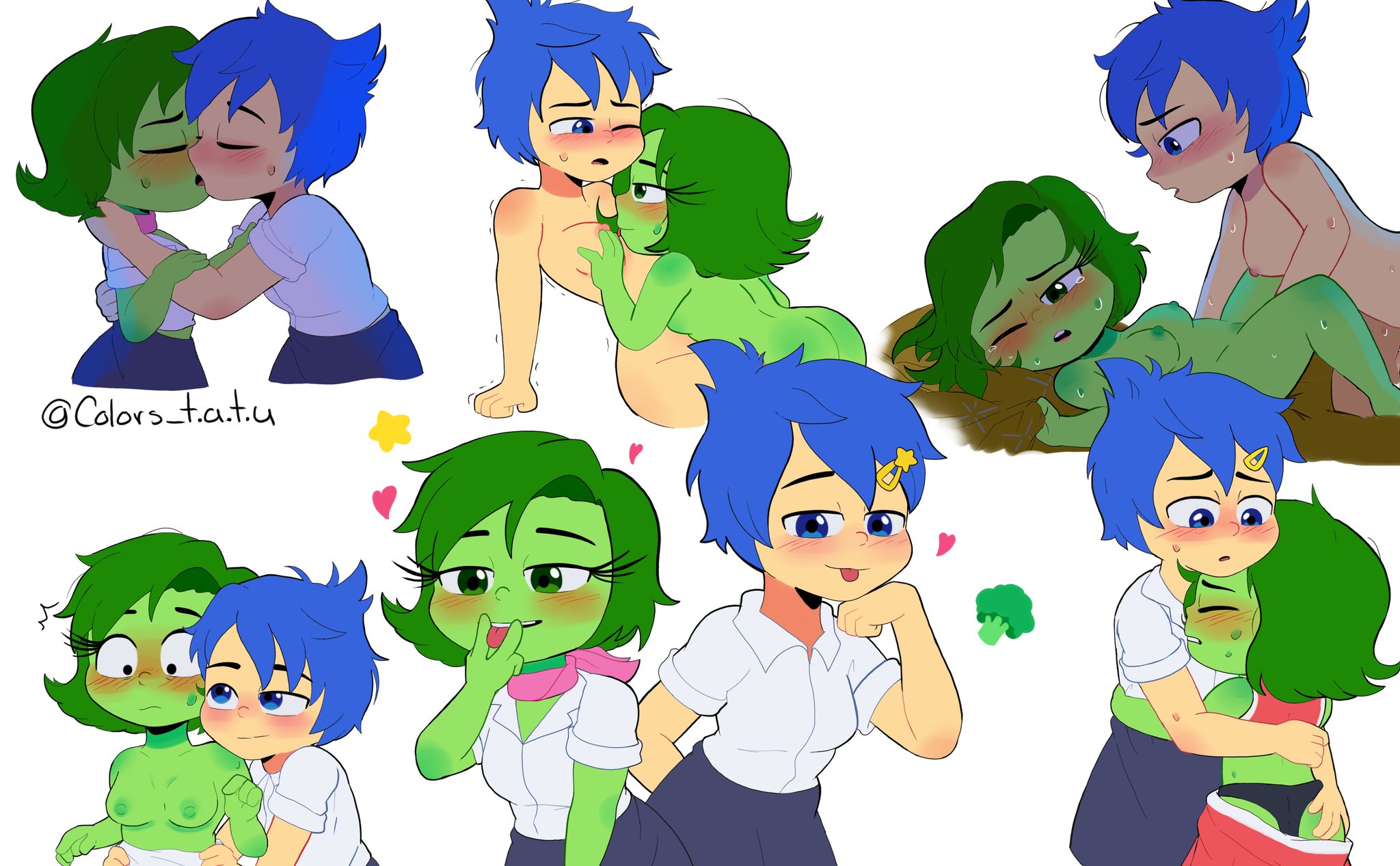 2024, 2girls, ass, ass grab, blue eyes, blue hair, breasts, closed eyes, colorstatu1, couple, disgust (inside out), disney, duo, duo female, duo focus, exposed breasts, female, green body, green hair, green skin, hand on ass, hand on butt, inside out, inside out 2, joy (inside out), kiss, kissing, lesbian couple, lesbian sex, licking nipples, nipples, pixar, school uniform, schoolgirl, schoolgirl uniform, sex, short hair, short-haired female, sucking nipples, tagme, tongue, tongue out, wholesome, yellow body, yellow skin, yuri