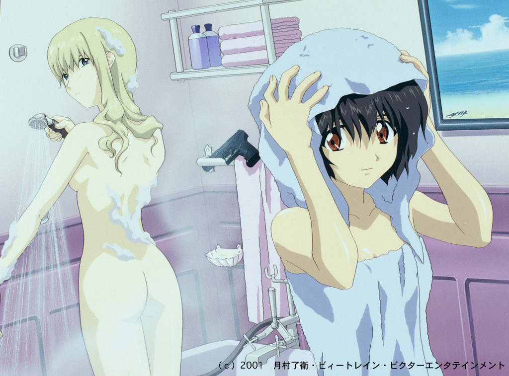 ass blonde_hair looking_at_viewer looking_back mireille_bouquet noir_(anime) pointy_chin shower towel yuumura_kirika