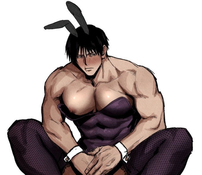 big_breasts big_pecs black_hair blush bunny_ears bunnysuit cuffs_(clothing) fishnet_thighhighs fishnets fushiguro_touji jujutsu_kaisen muscular muscular_male nipples owwllly toji_fushiguro