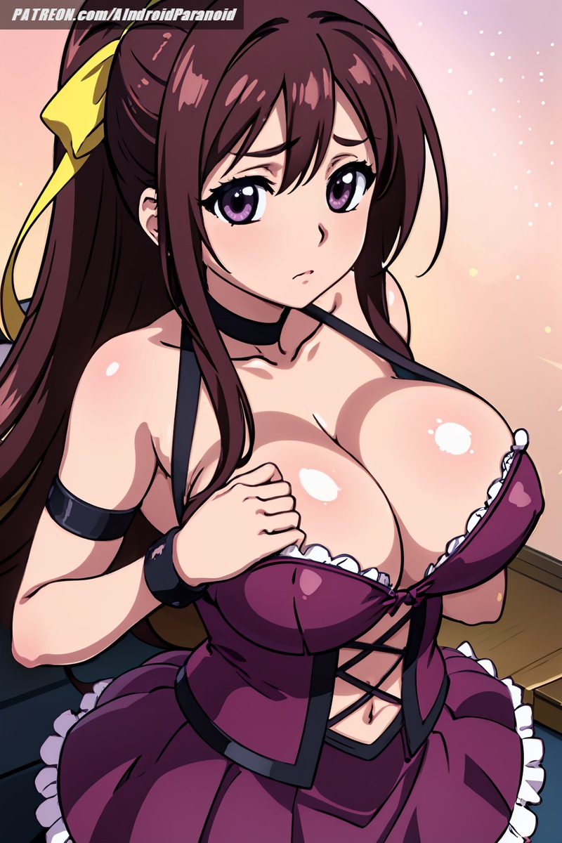 ai_generated aindroidparanoid breasts breasts breasts brown_hair cleavage curvy huge_breasts indoors large_breasts massive_breasts mitsuki_sohara nipples ponytail purple_clothing purple_eyes ribbon skirt sora_no_otoshimono stable_diffusion tight_clothing voluptuous