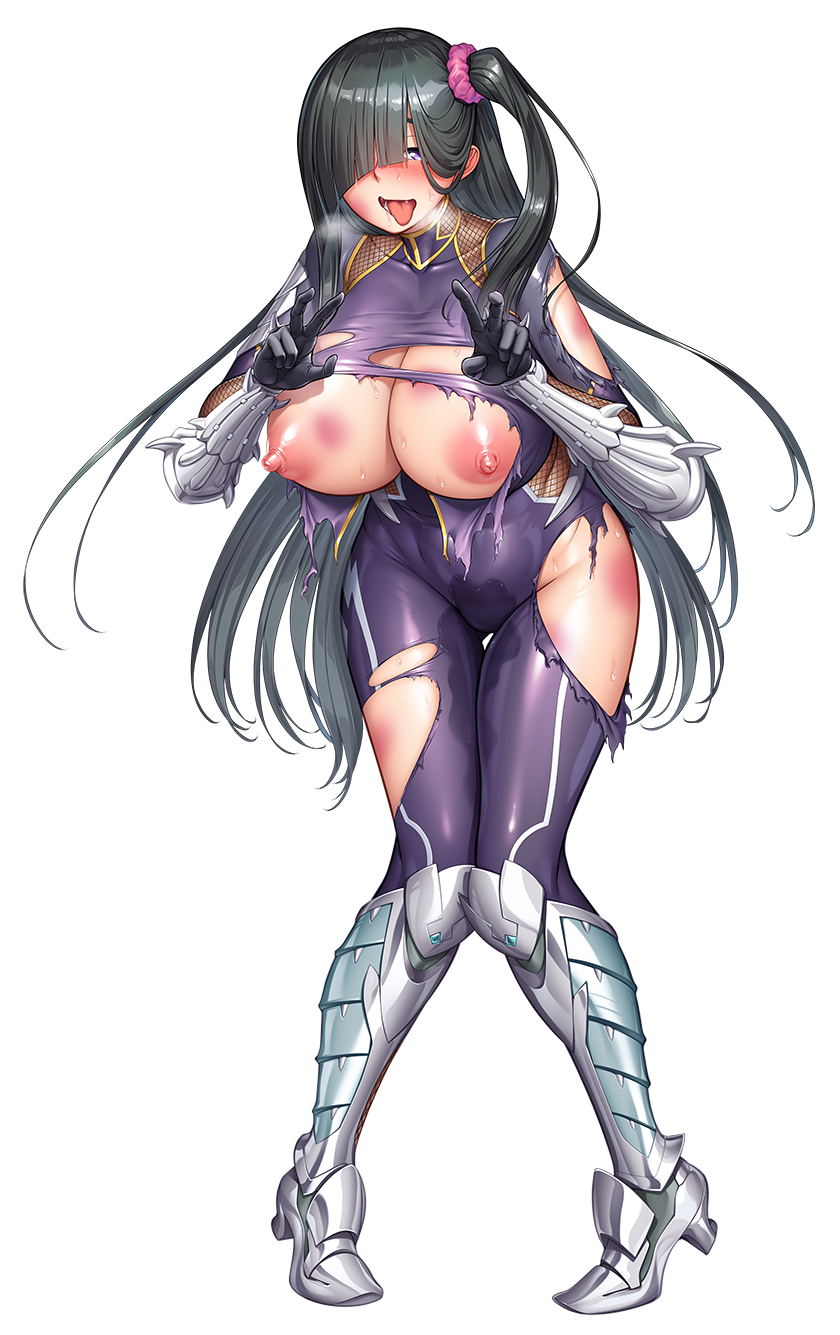 2022 black_hair bodysuit breasts bruise cleavage cleavage_cutout clothing_cutout covered_navel curvy double_v female full_body hair_over_eyes hair_over_one_eye high_heels highres huge_breasts ichimonji_miiko injury large_breasts lilith-soft long_hair nipples official_art open_mouth purple_eyes pussy_juice pussy_juice_stain shiny_clothes shiny_skin side_ponytail simple_background skin_tight solo sweat sword taimanin_(series) taimanin_rpgx taimanin_suit thigh_gap tongue tongue_out torn_bodysuit torn_clothes underboob underboob_cutout v very_long_hair weapon wide_hips zol