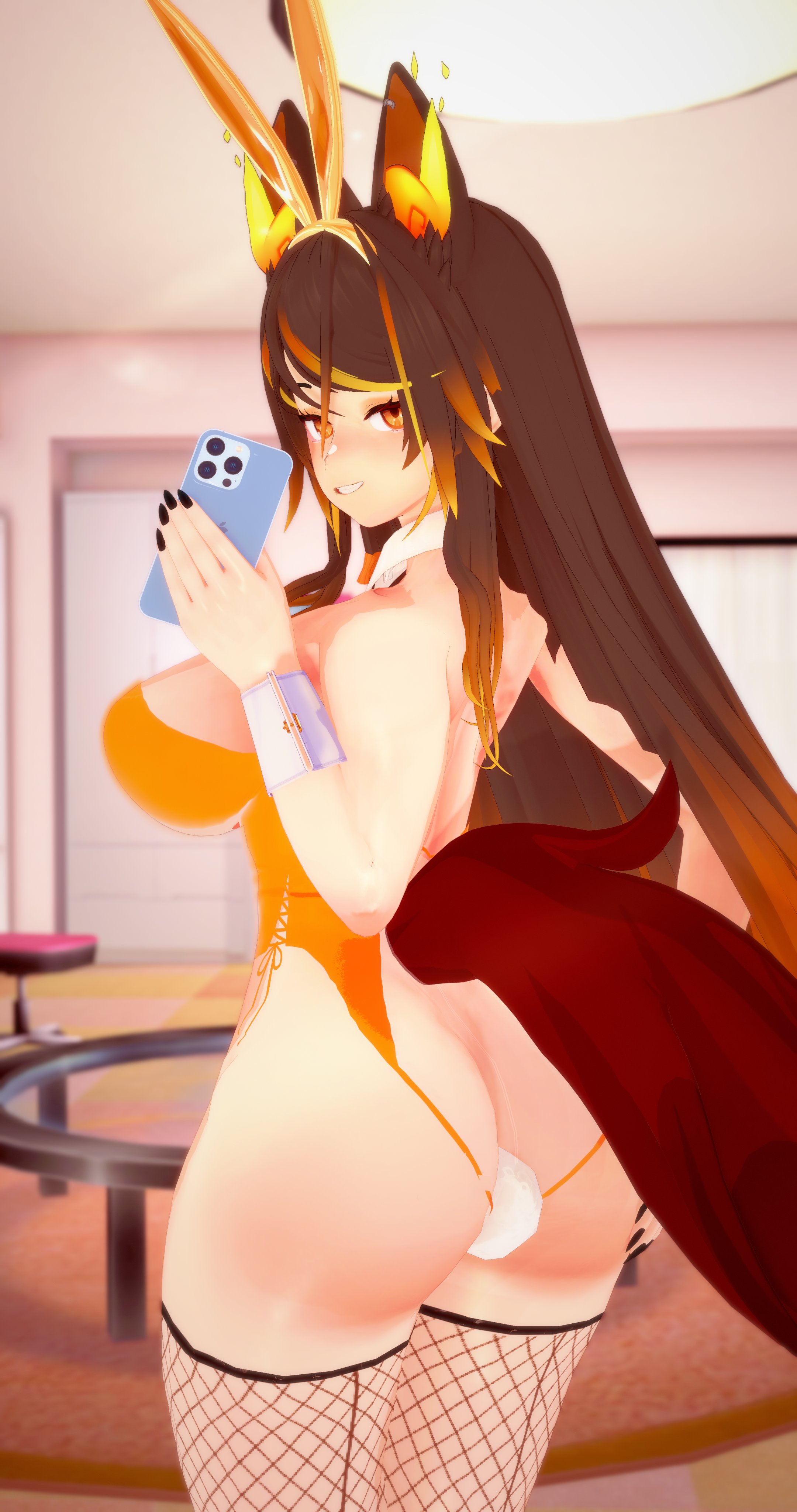 1girls, 3d, ass, big ass, big breasts, black nails, breasts, brown hair, bunny ears, bunny tail, bunnysuit, collar, cuffs, cuffs (clothing), deluxe rosie, female, female only, fishnet thighhighs, fishnets, hand on ass, hand on butt, hellhound, hips, hourglass figure, indie virtual youtuber, indoors, leotard, light skin, light-skinned female, long hair, looking at viewer, looking back, mirror, mirror selfie, multicolored hair, orange eyes, orange hair, parted lips, playboy bunny, selfie, sinder (vtuber), smile, solo, solo female, standing, tail, thick thighs, thighhighs, thighs, thin waist, virtual youtuber, wide hips, wolf, wolf ears, wolf girl, wolf tail